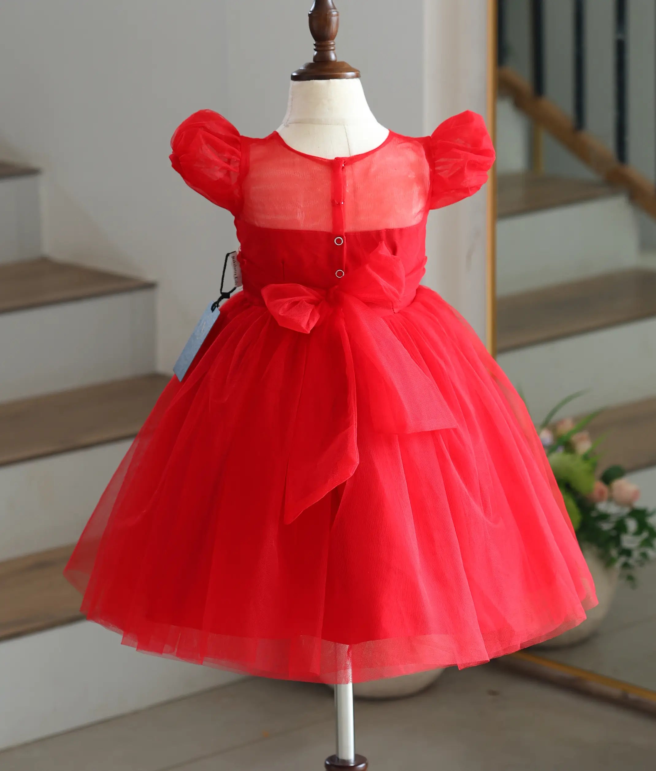Scarlet Red Tulle Net Handworked Birthday Frock for Baby Girl [6442]