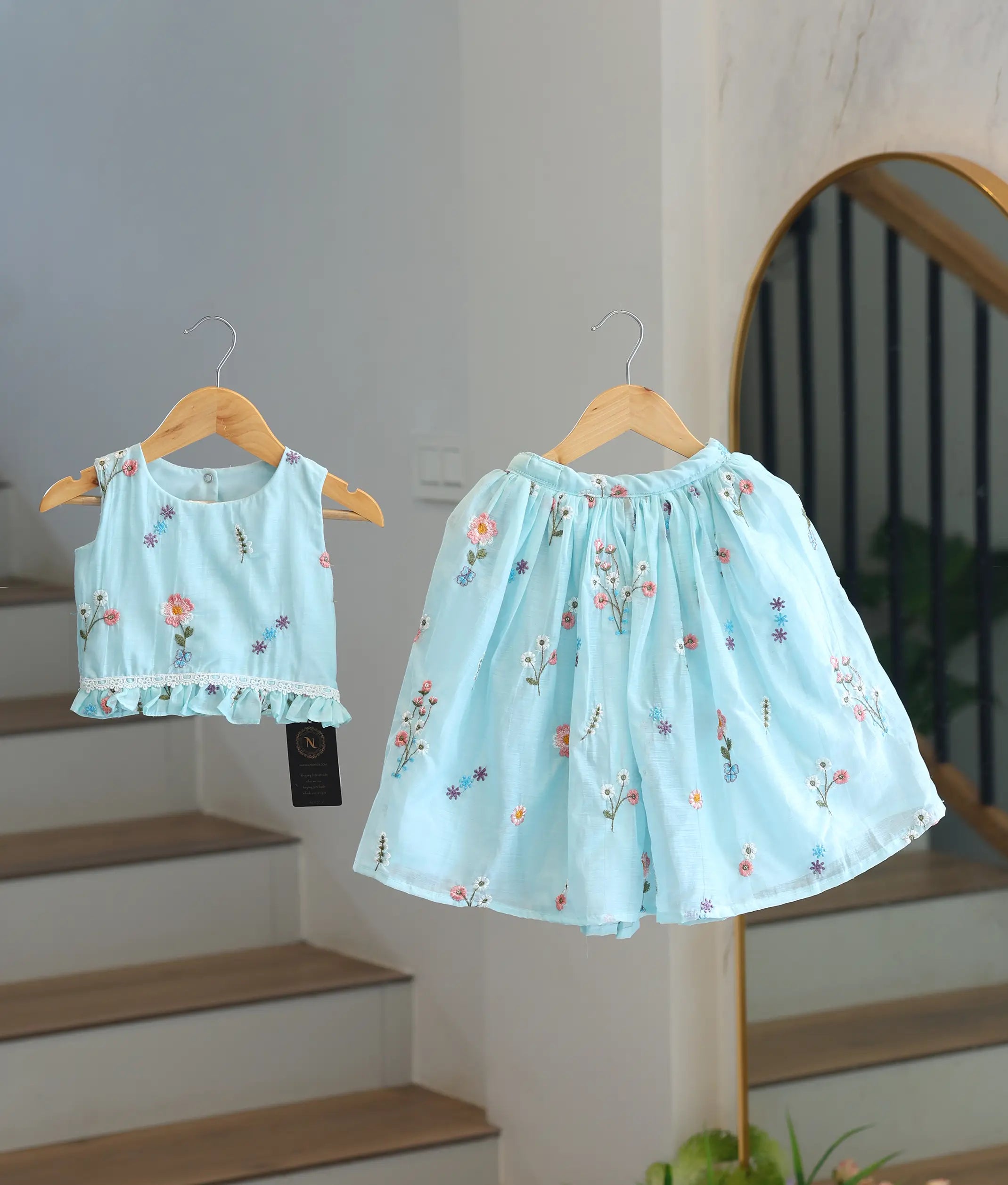 Pastel Blue Mul Chanderi Embroidered Skirt and Top for Baby Girl [6443]