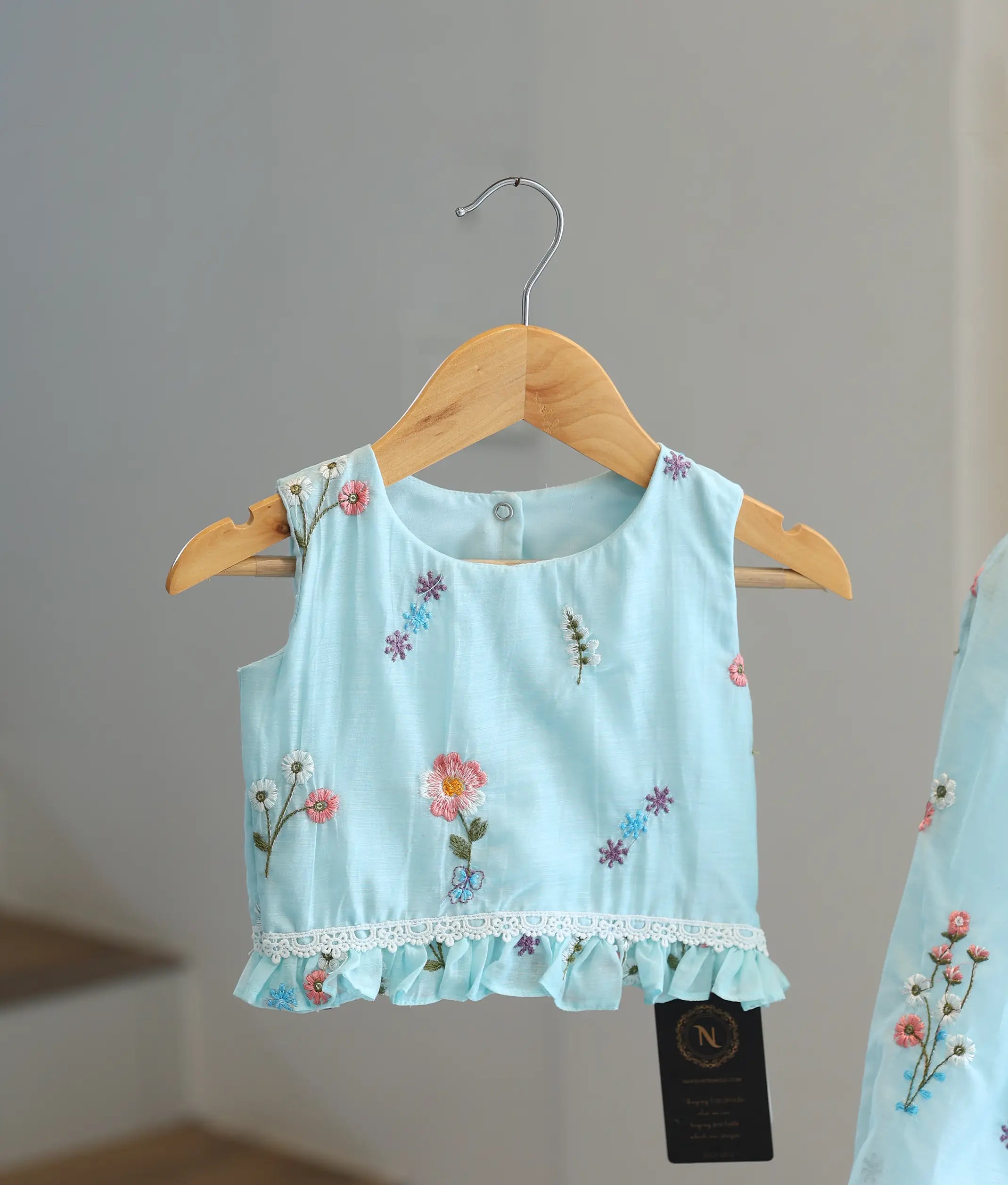 Pastel Blue Mul Chanderi Embroidered Skirt and Top for Baby Girl [6443]