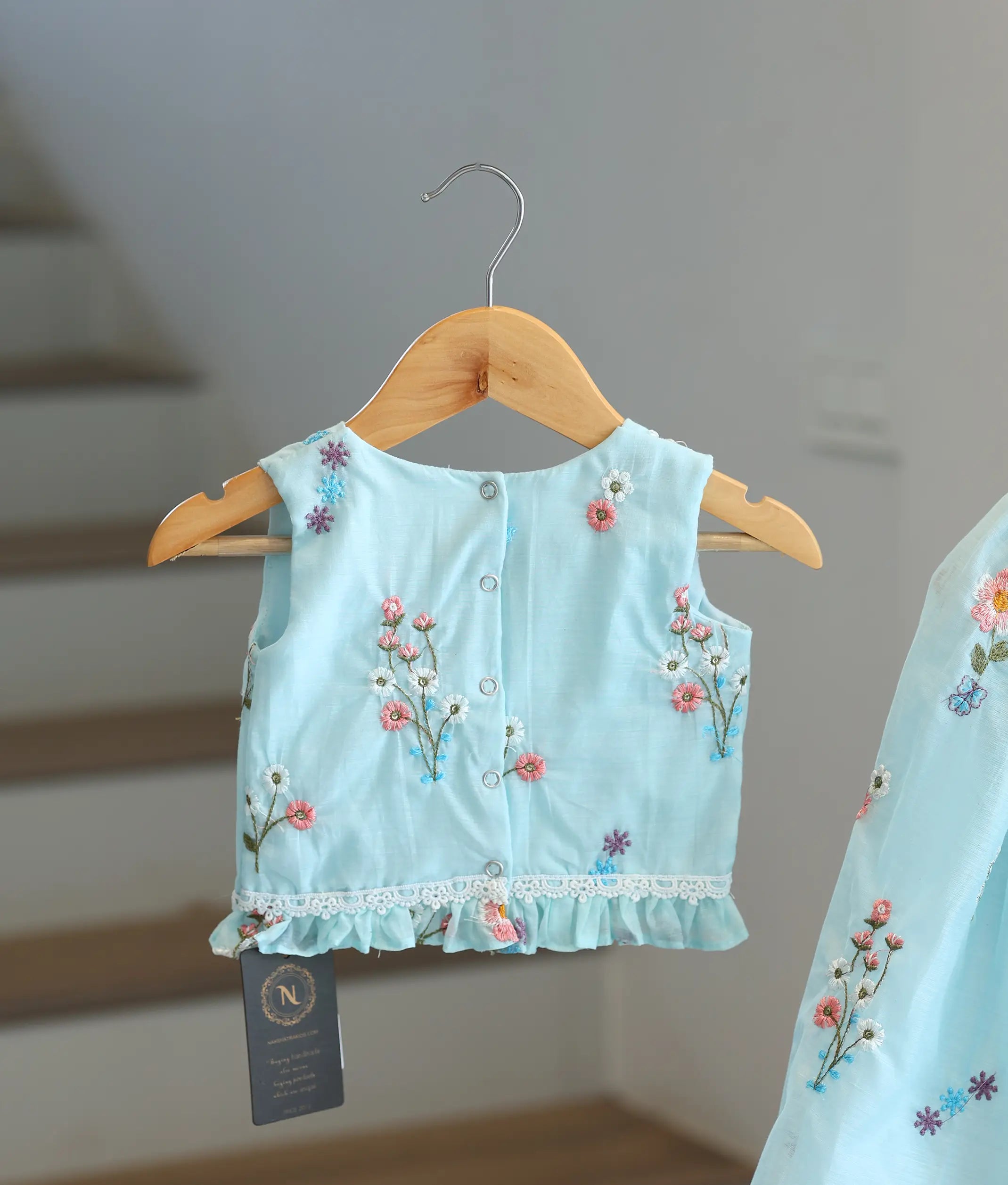 Pastel Blue Mul Chanderi Embroidered Skirt and Top for Baby Girl [6443]