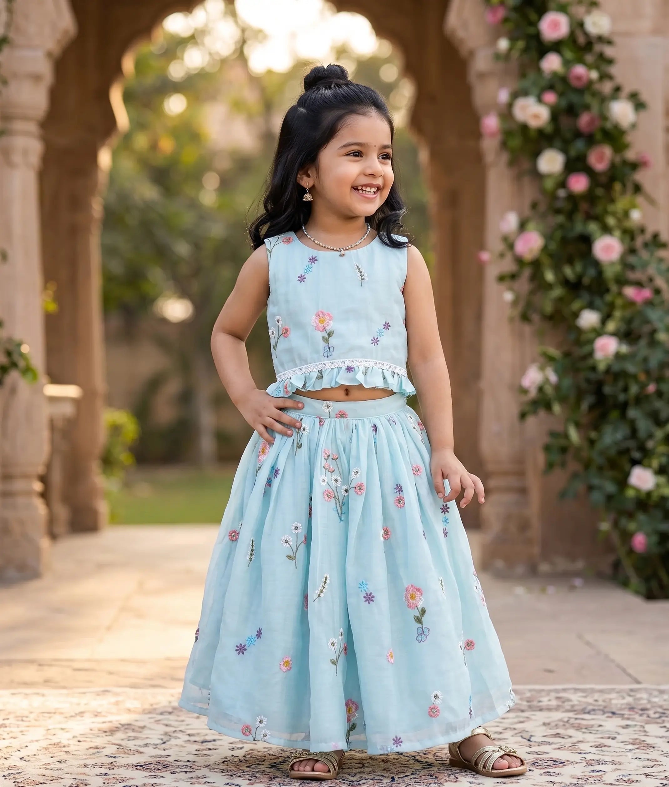 Pastel Blue Mul Chanderi Embroidered Skirt and Top for Baby Girl [6443]