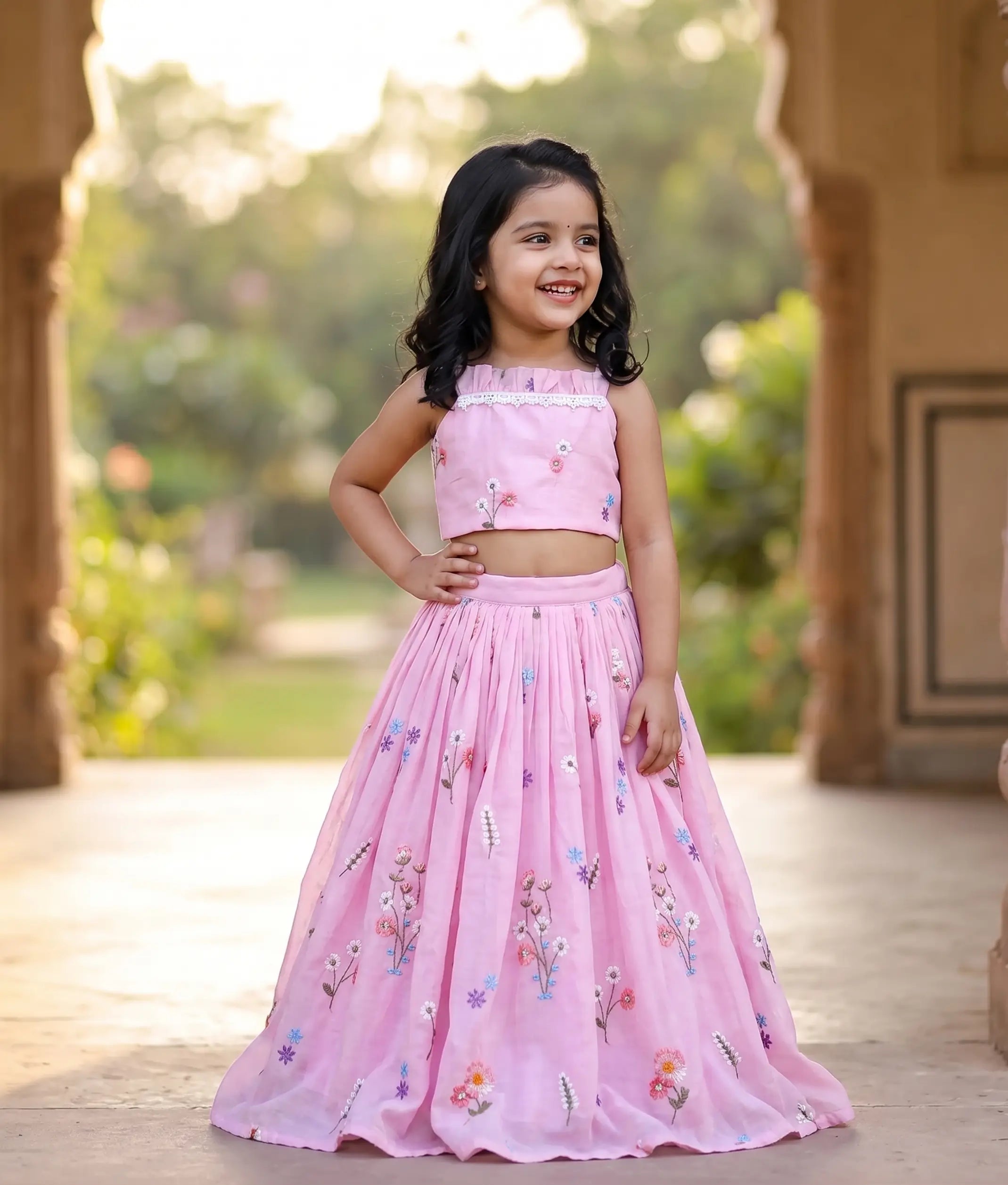 Baby Pink Chanderi Embroidered Skirt and Top for Baby Girl [6444]