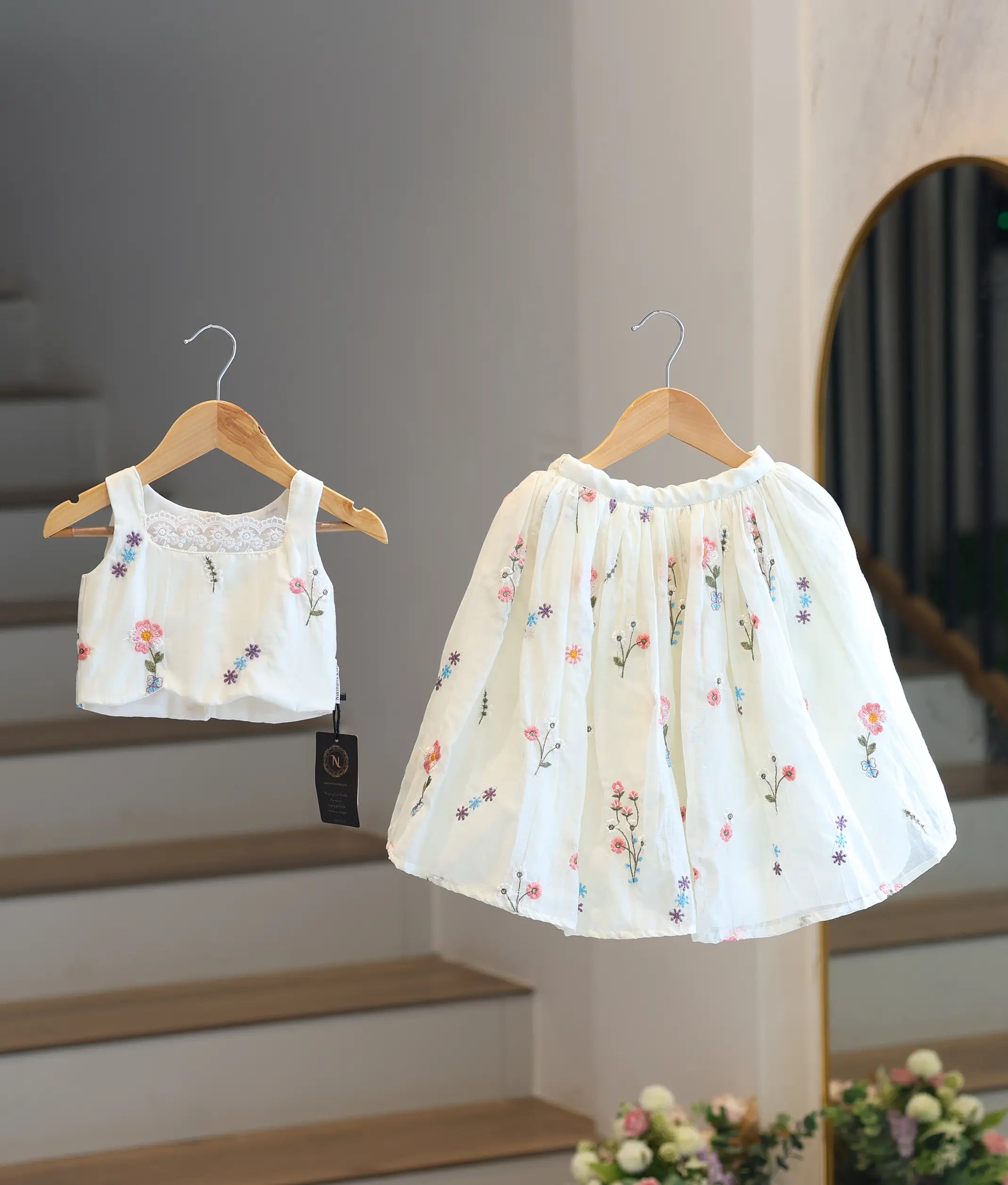 Off-White Chanderi Embroidered Skirt and Top for Baby Girl [6445]