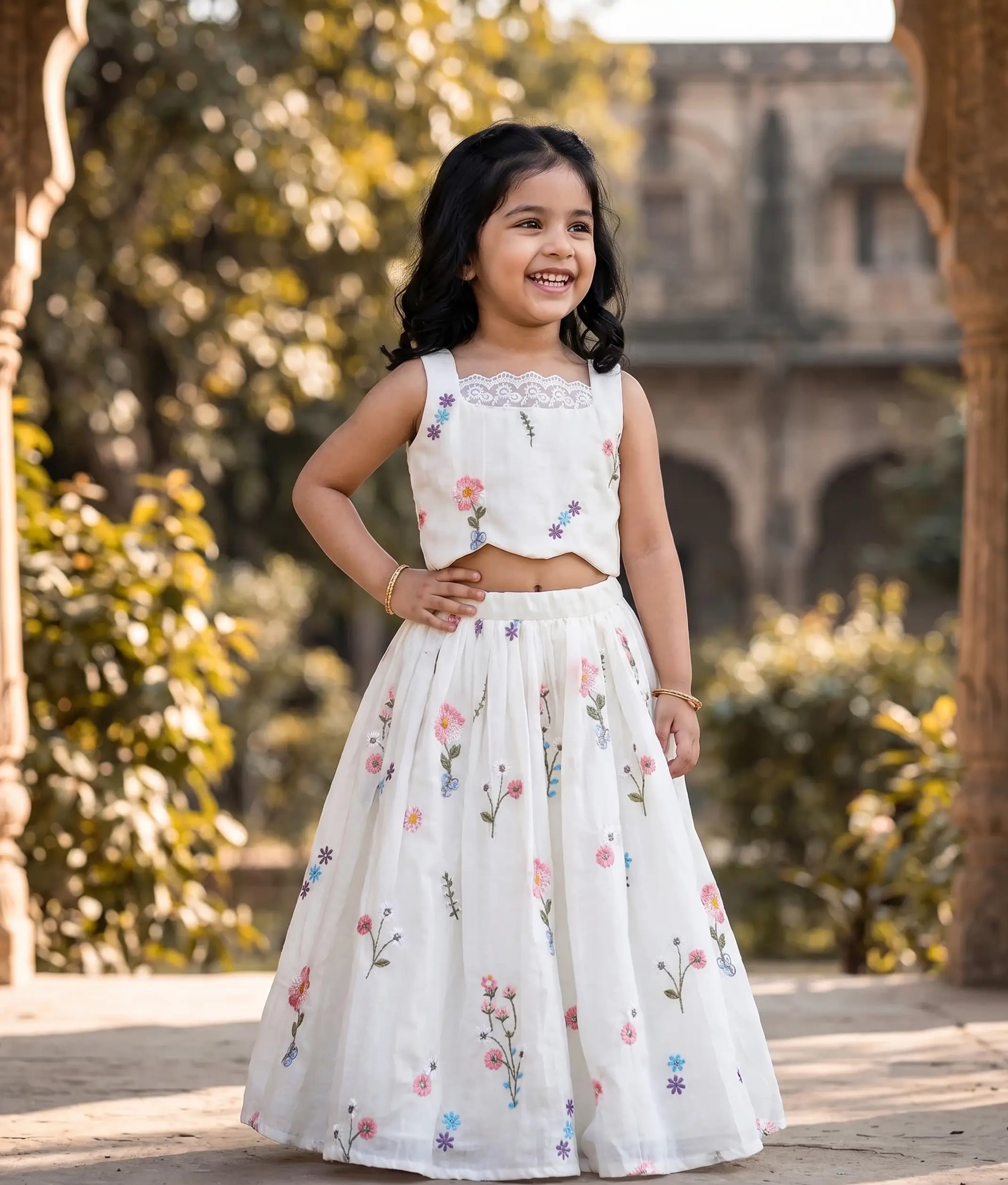 Off-White Chanderi Embroidered Skirt and Top for Baby Girl [6445]