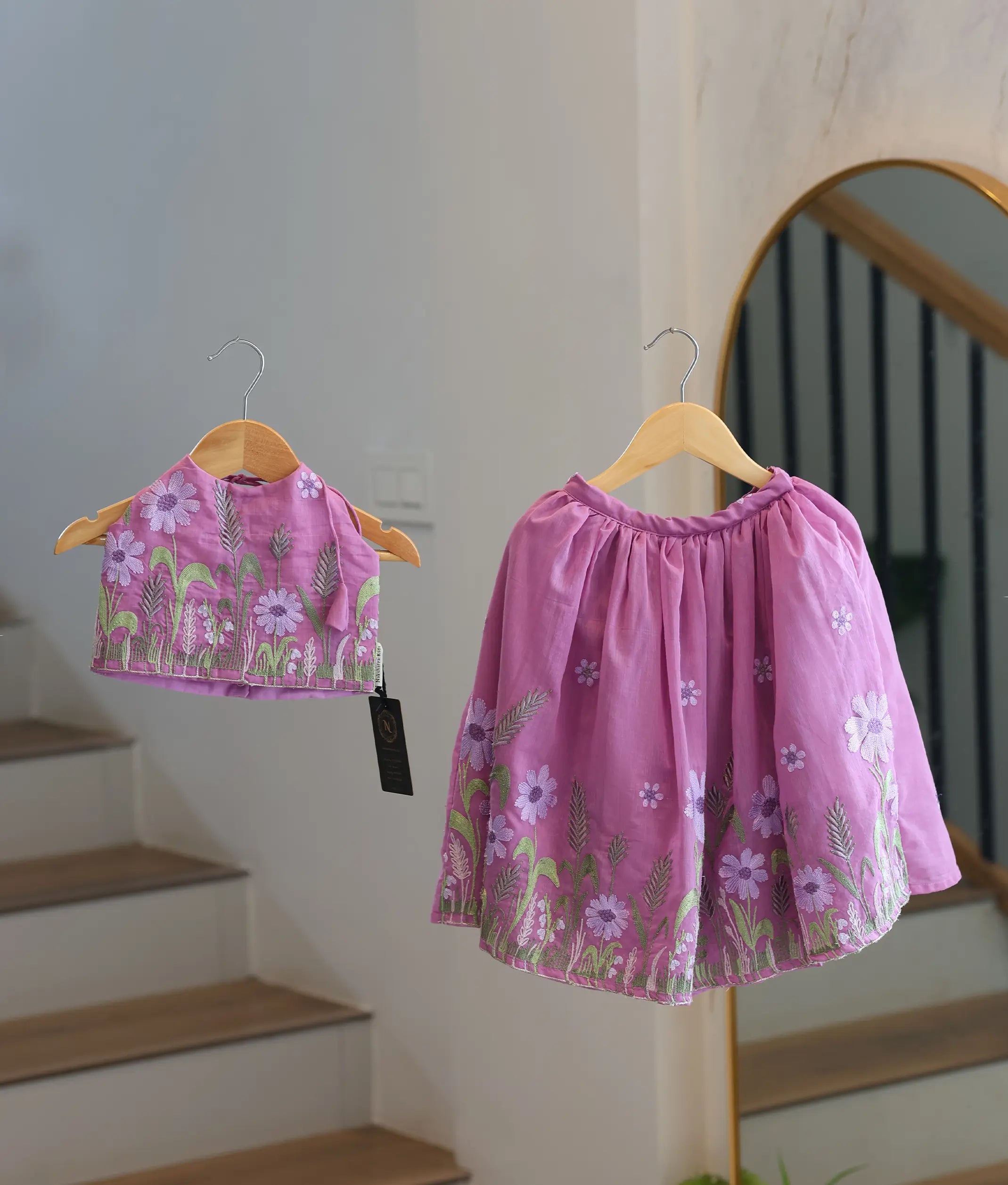 Mauve Pink Mul Chanderi Embroidered Skirt and Top for Baby Girl [6448]
