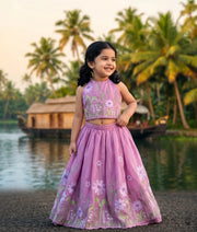 Mauve Pink Mul Chanderi Embroidered Skirt and Top for Baby Girl [6448]