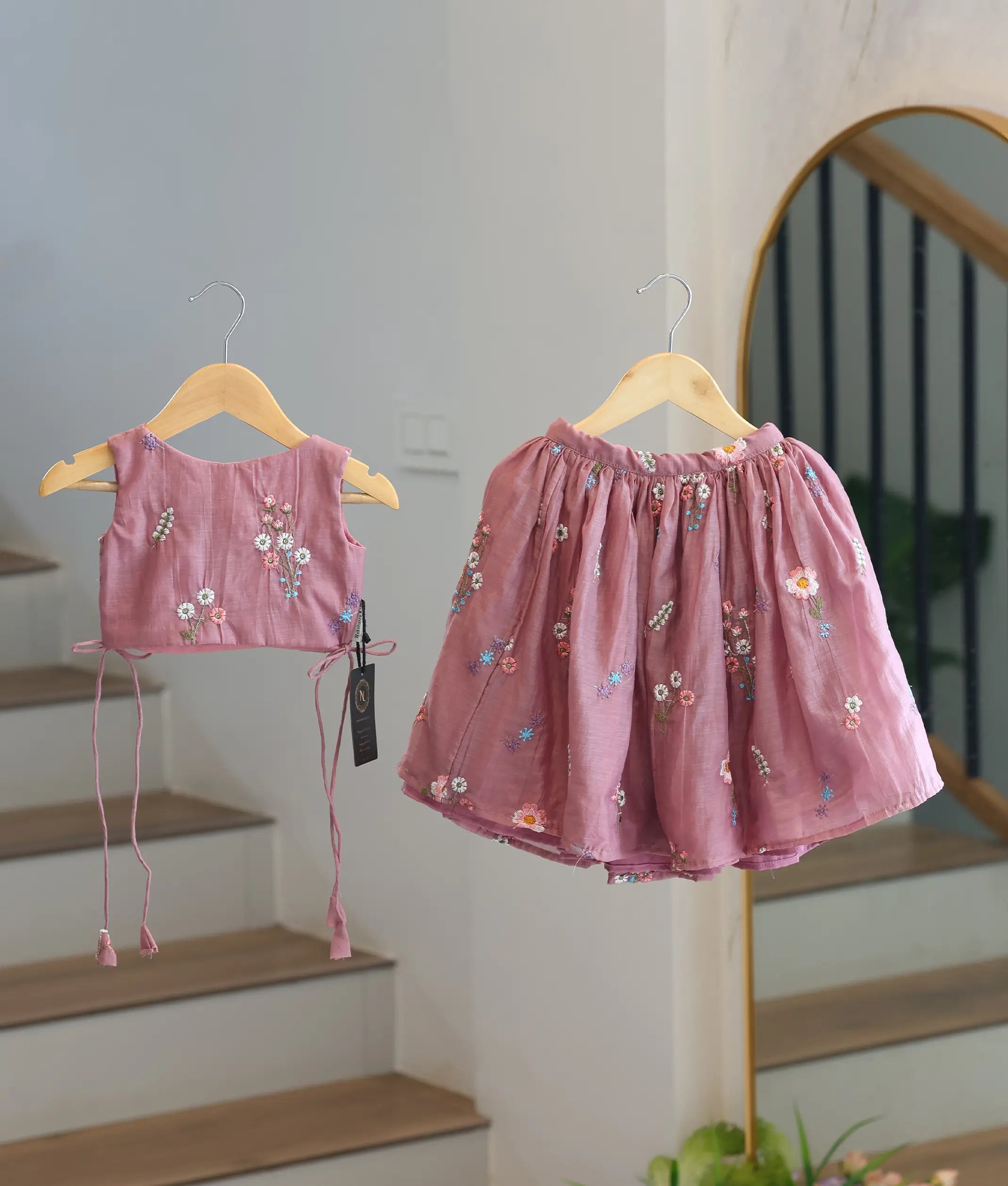 Dusty Pink Mul Chanderi Embroidered Skirt and Top for Baby Girl [6449]