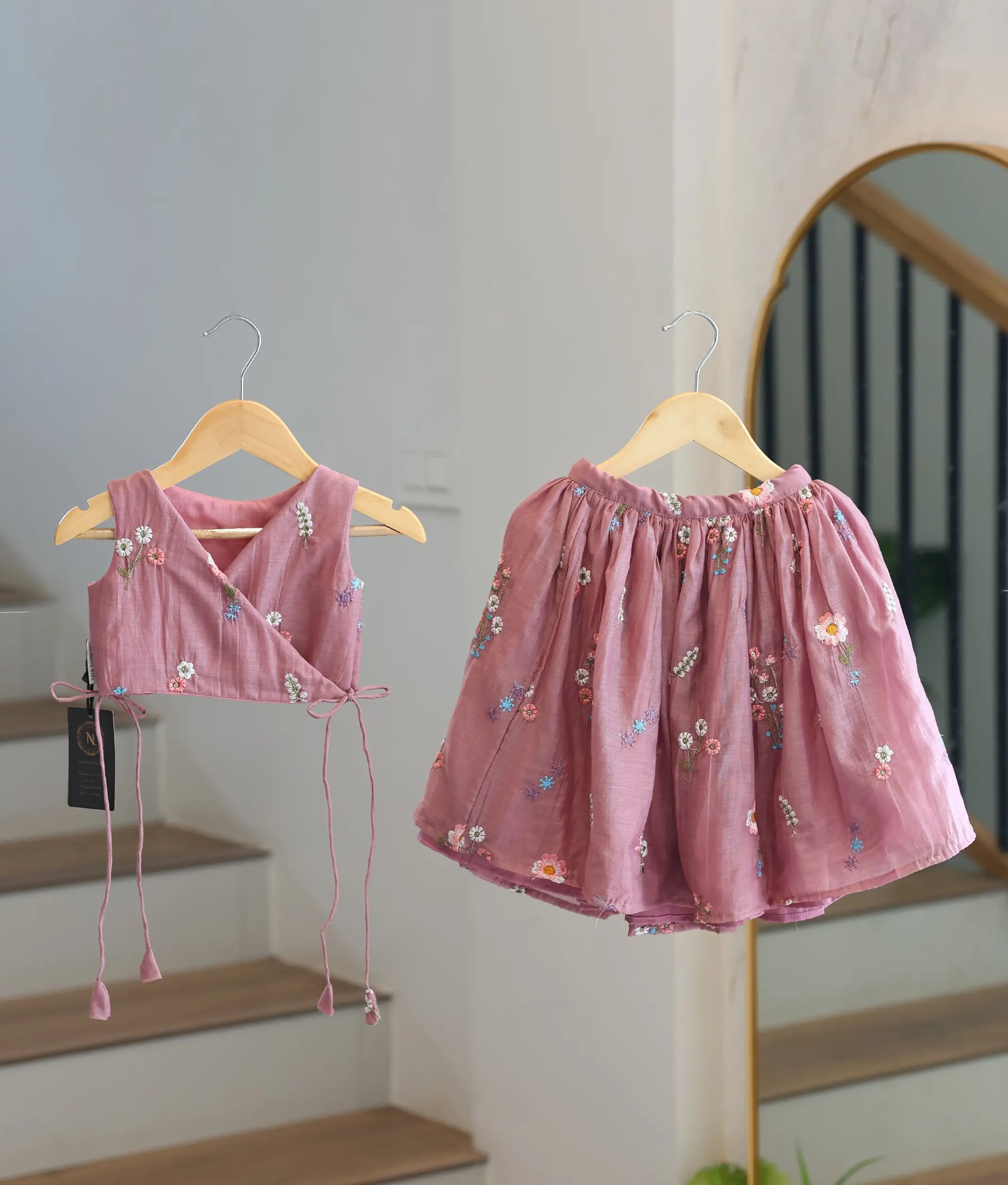 Dusty Pink Mul Chanderi Embroidered Skirt and Top for Baby Girl [6449]