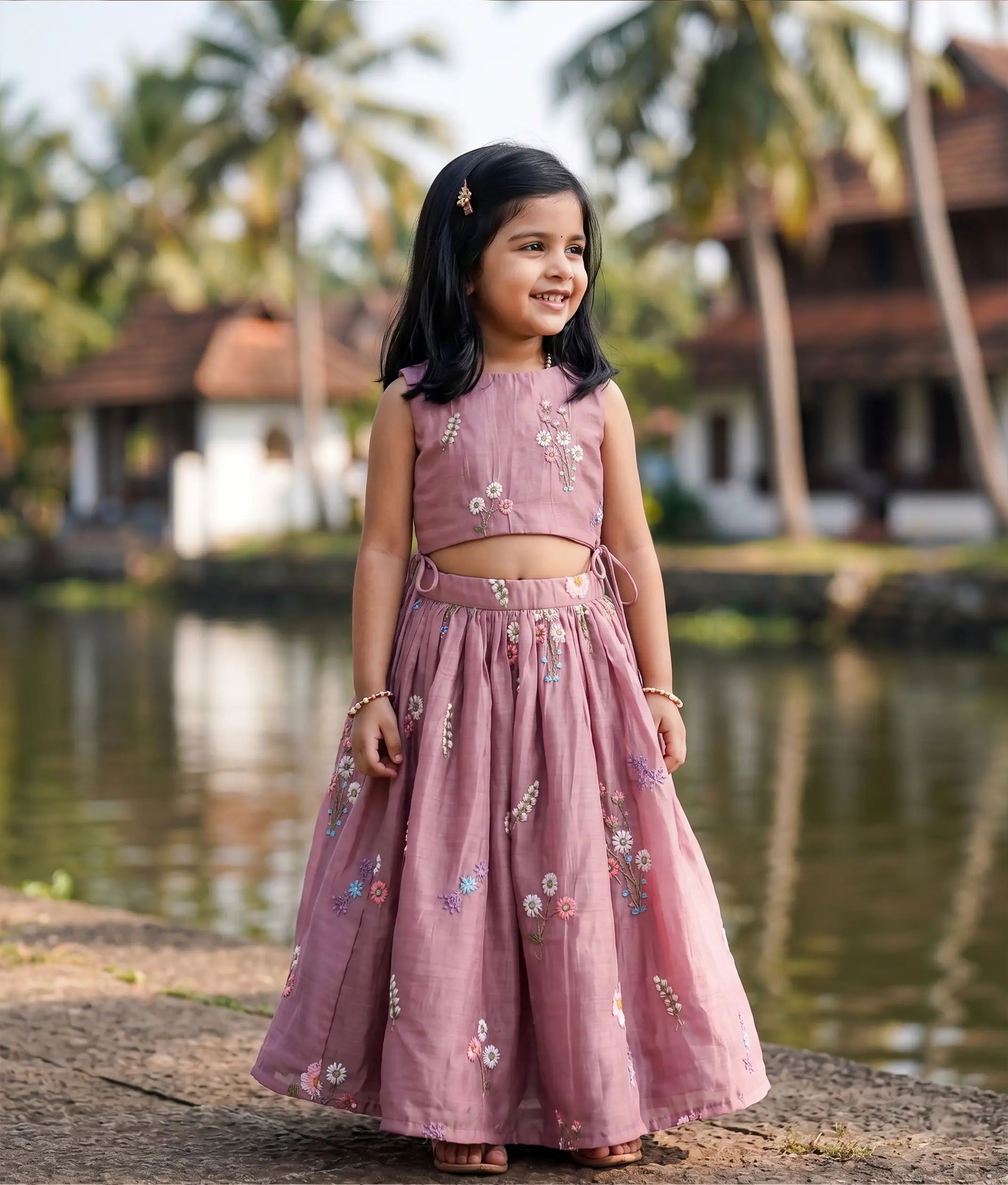 Dusty Pink Mul Chanderi Embroidered Skirt and Top for Baby Girl [6449]