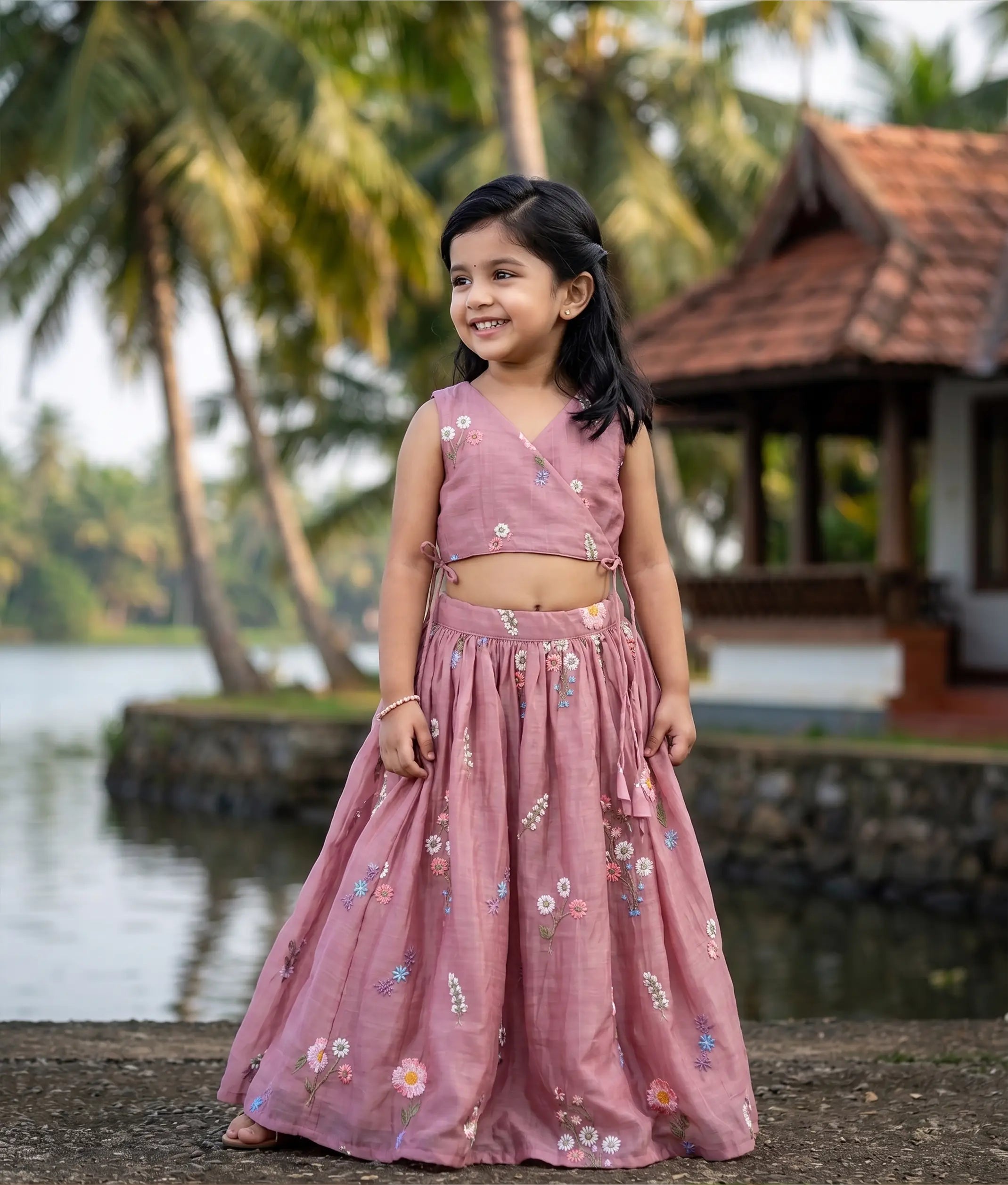Dusty Pink Mul Chanderi Embroidered Skirt and Top for Baby Girl [6449]