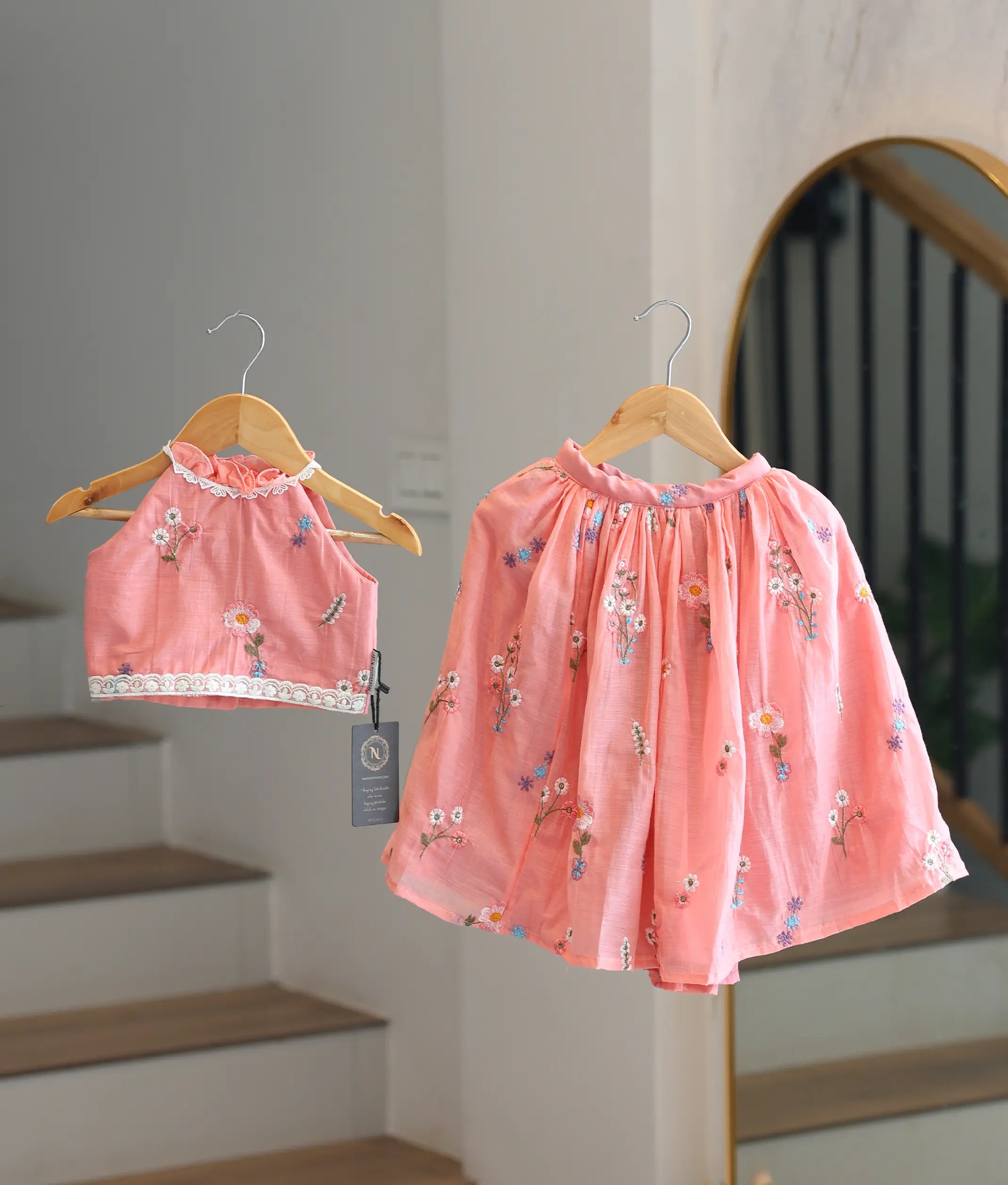 Peach Pink Mul Chanderi Embroidered Skirt and Top for Baby Girl [6450]