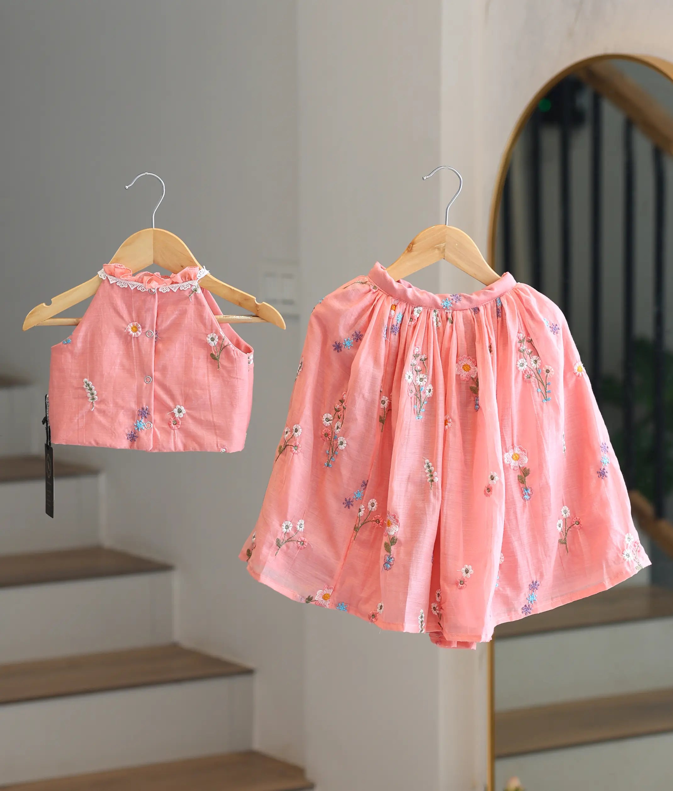 Peach Pink Mul Chanderi Embroidered Skirt and Top for Baby Girl [6450]