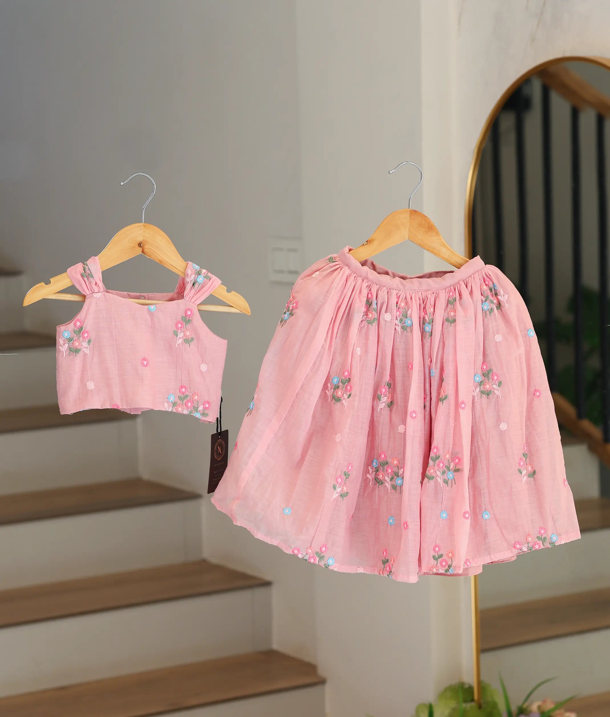 Pastel Pink Mul Chanderi Embroidered Skirt and Top for Baby Girl [6451]