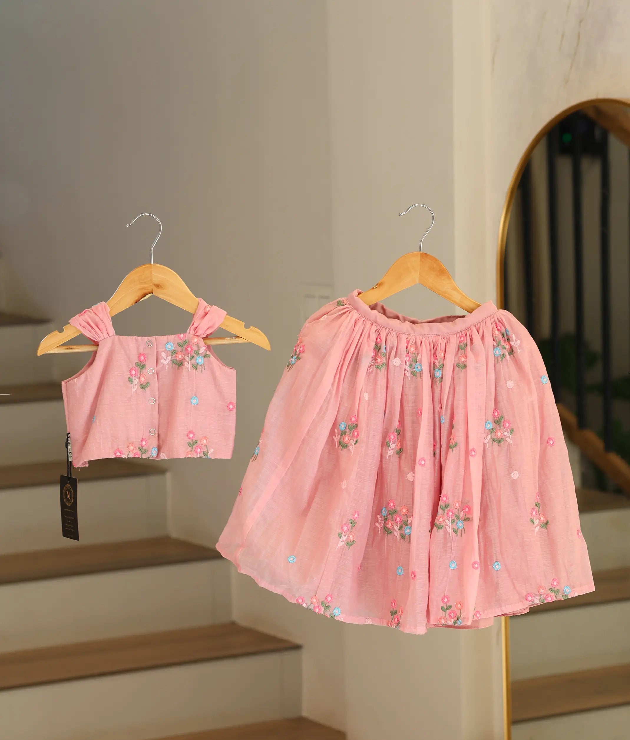 Pastel Pink Mul Chanderi Embroidered Skirt and Top for Baby Girl [6451]