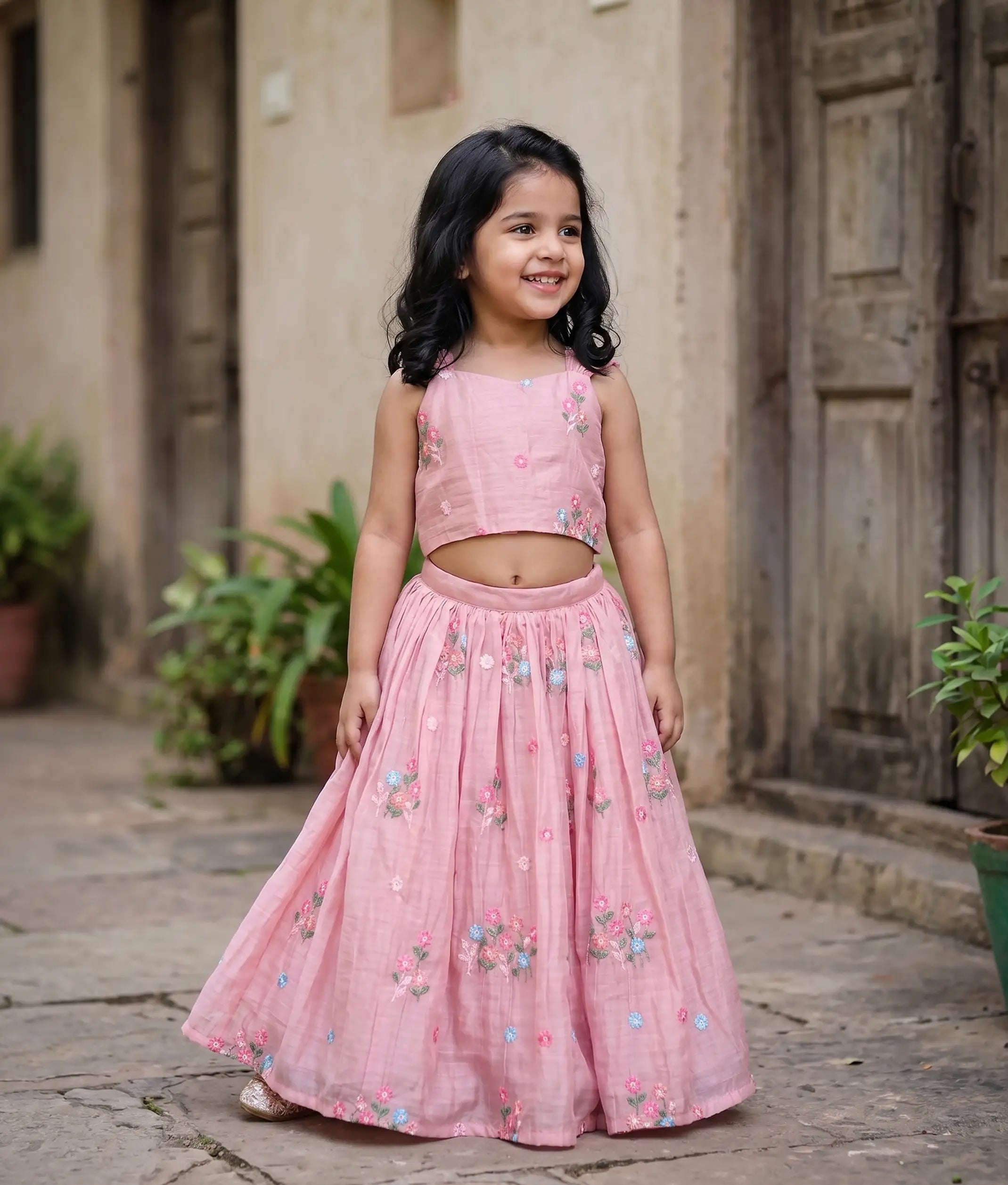 Pastel Pink Mul Chanderi Embroidered Skirt and Top for Baby Girl [6451]