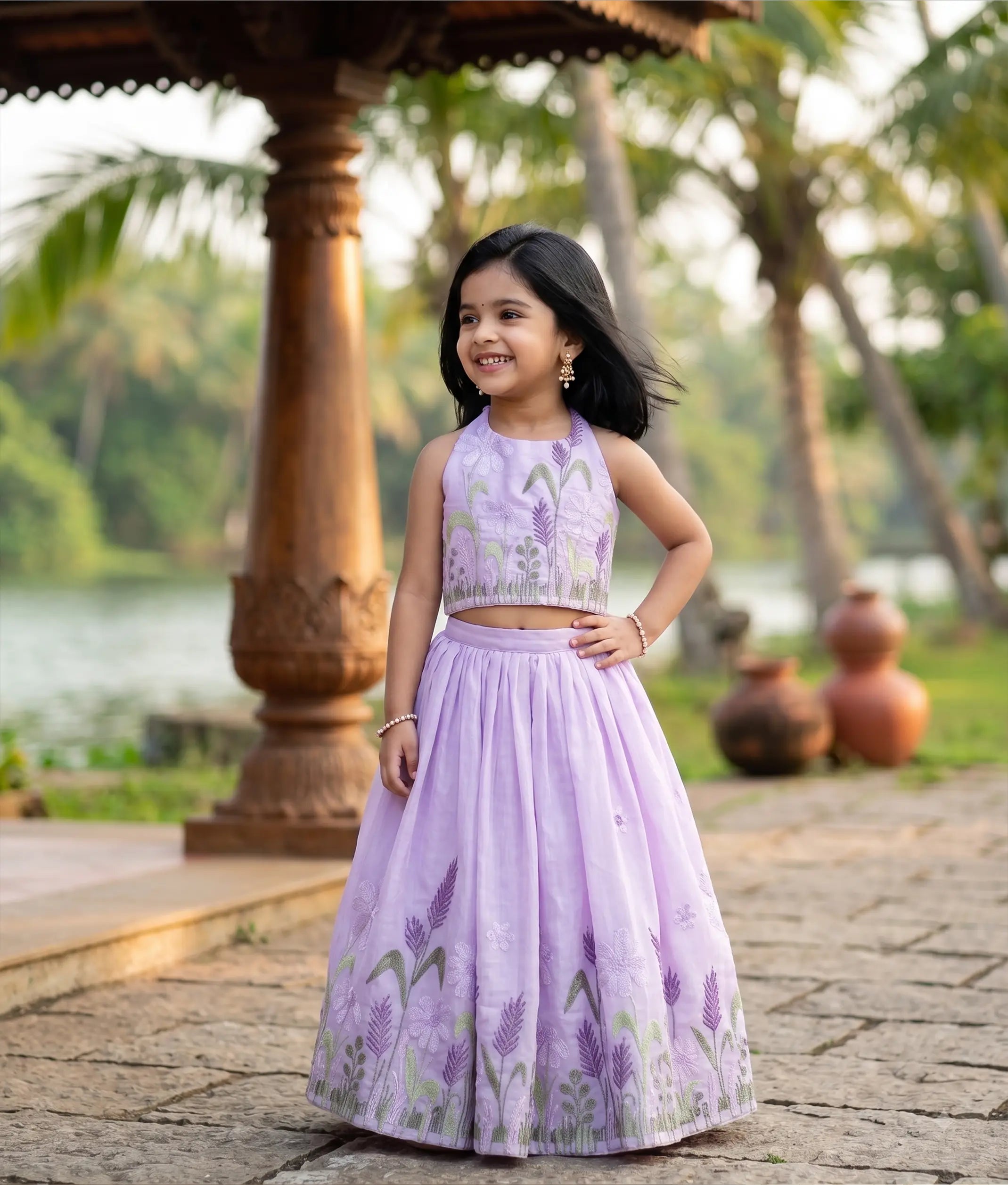 Lavender Mul Chanderi Embroidered Skirt and Top for Baby Girl [6454]