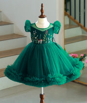 Bottle Green Tulle Net Handworked Birthday Frock for Baby Girl [6455]