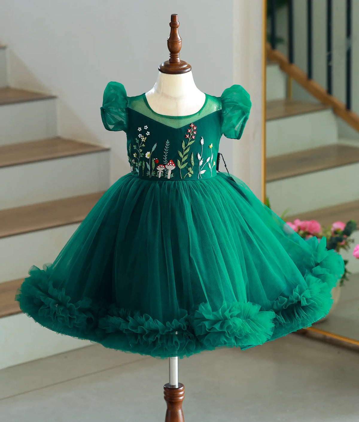 Bottle Green Tulle Net Handworked Birthday Frock for Baby Girl [6455]