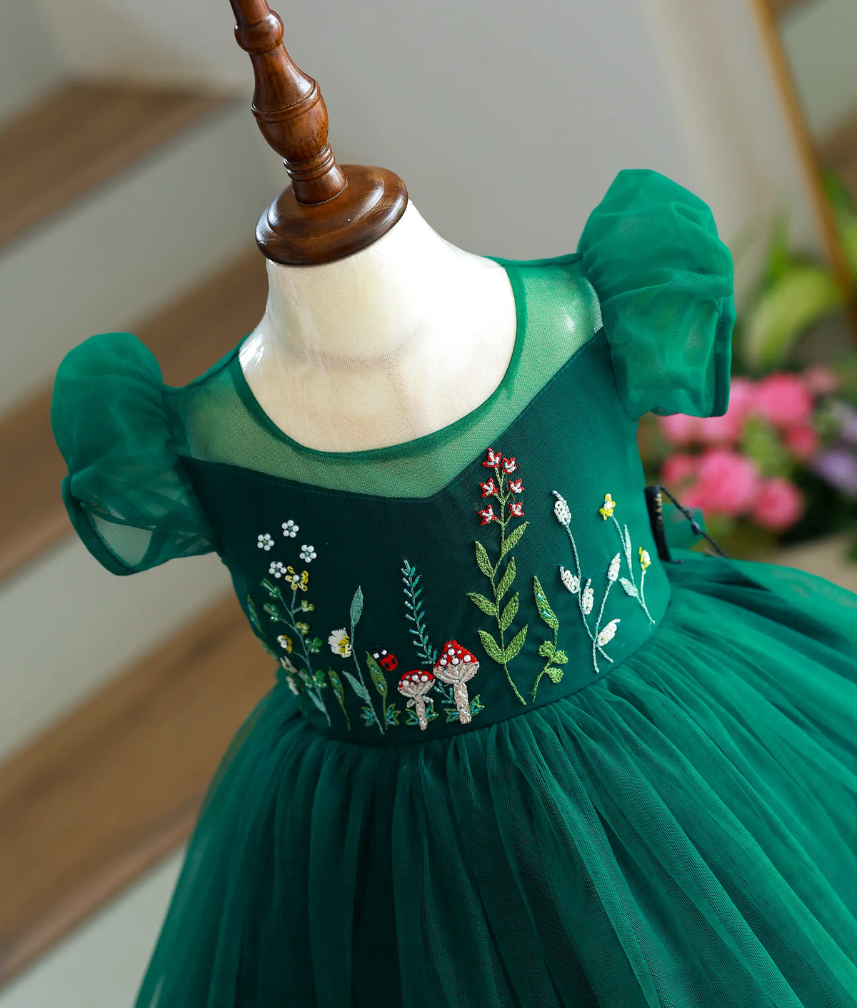 Bottle Green Tulle Net Handworked Birthday Frock for Baby Girl [6455]