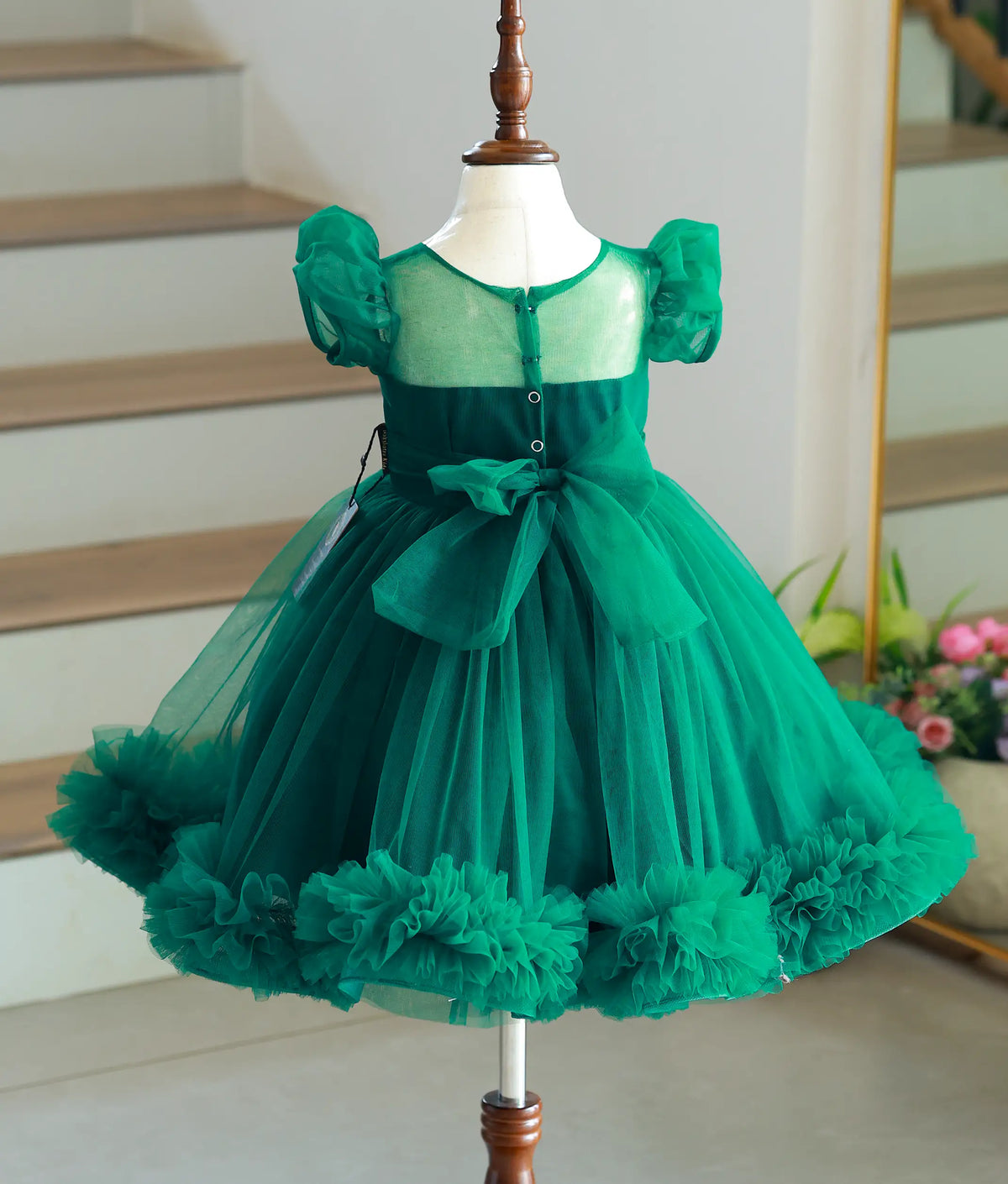 Bottle Green Tulle Net Handworked Birthday Frock for Baby Girl [6455]