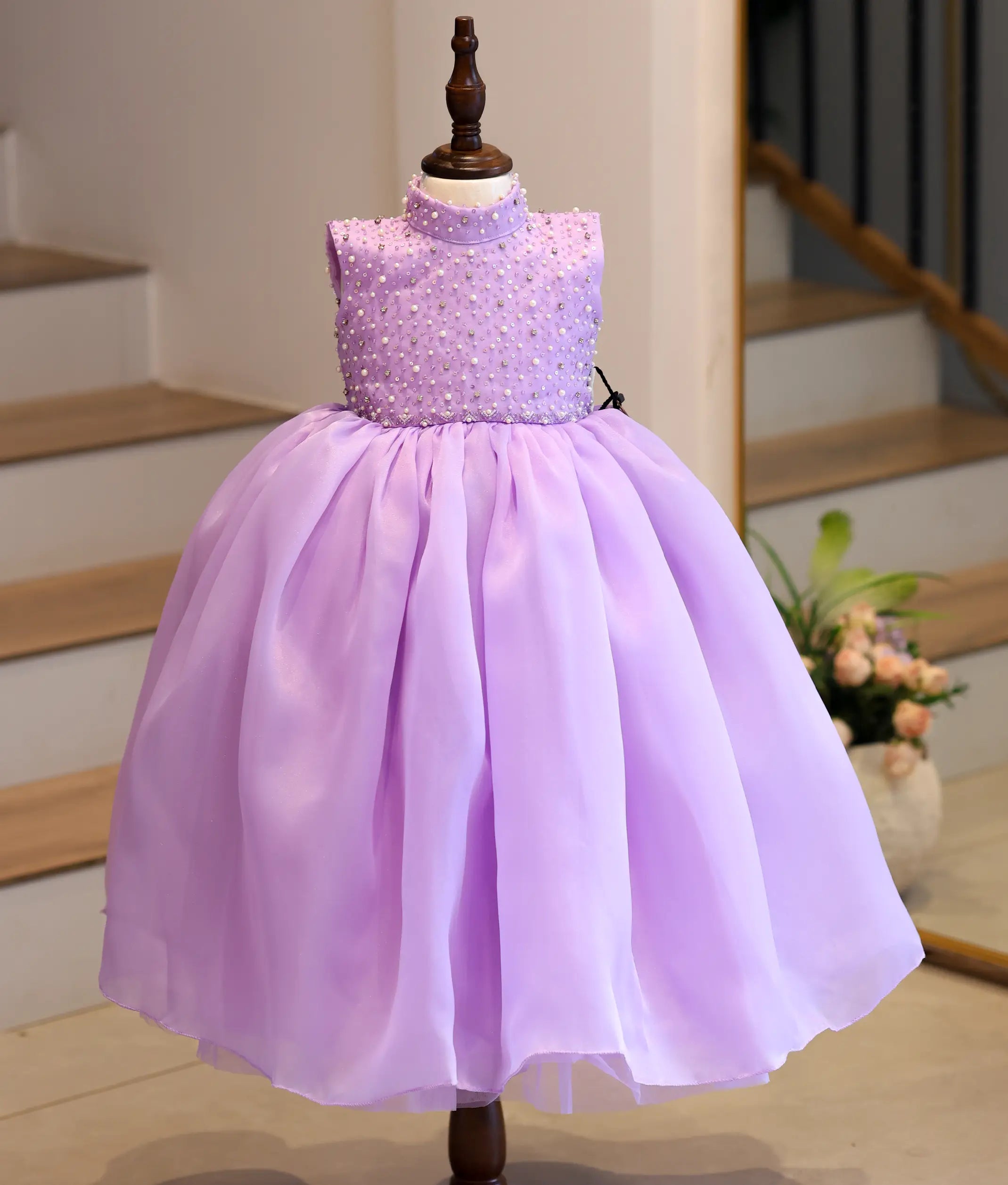 Lavender Plain Organza Hand worked Birthday Gown for Baby Girl [6459]