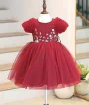 Maroon Tulle Net Handwork Birthday Frock for Baby Girl [6460]