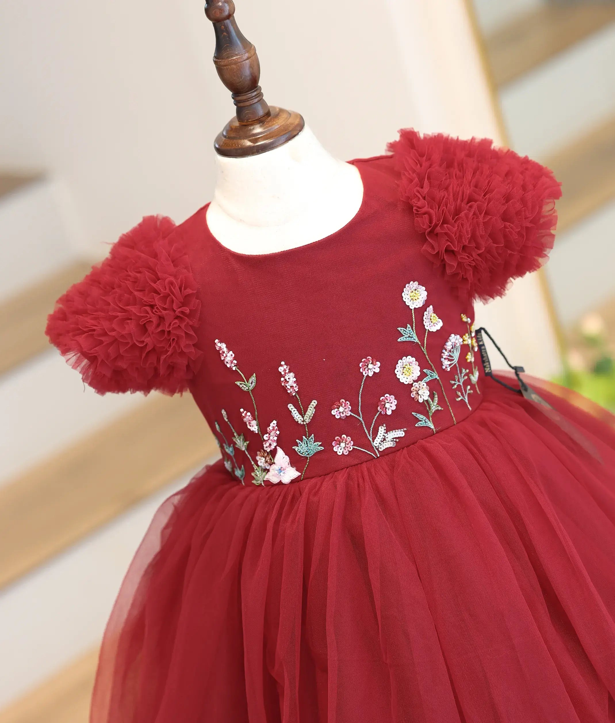 Maroon Tulle Net Handwork Birthday Frock for Baby Girl [6460]