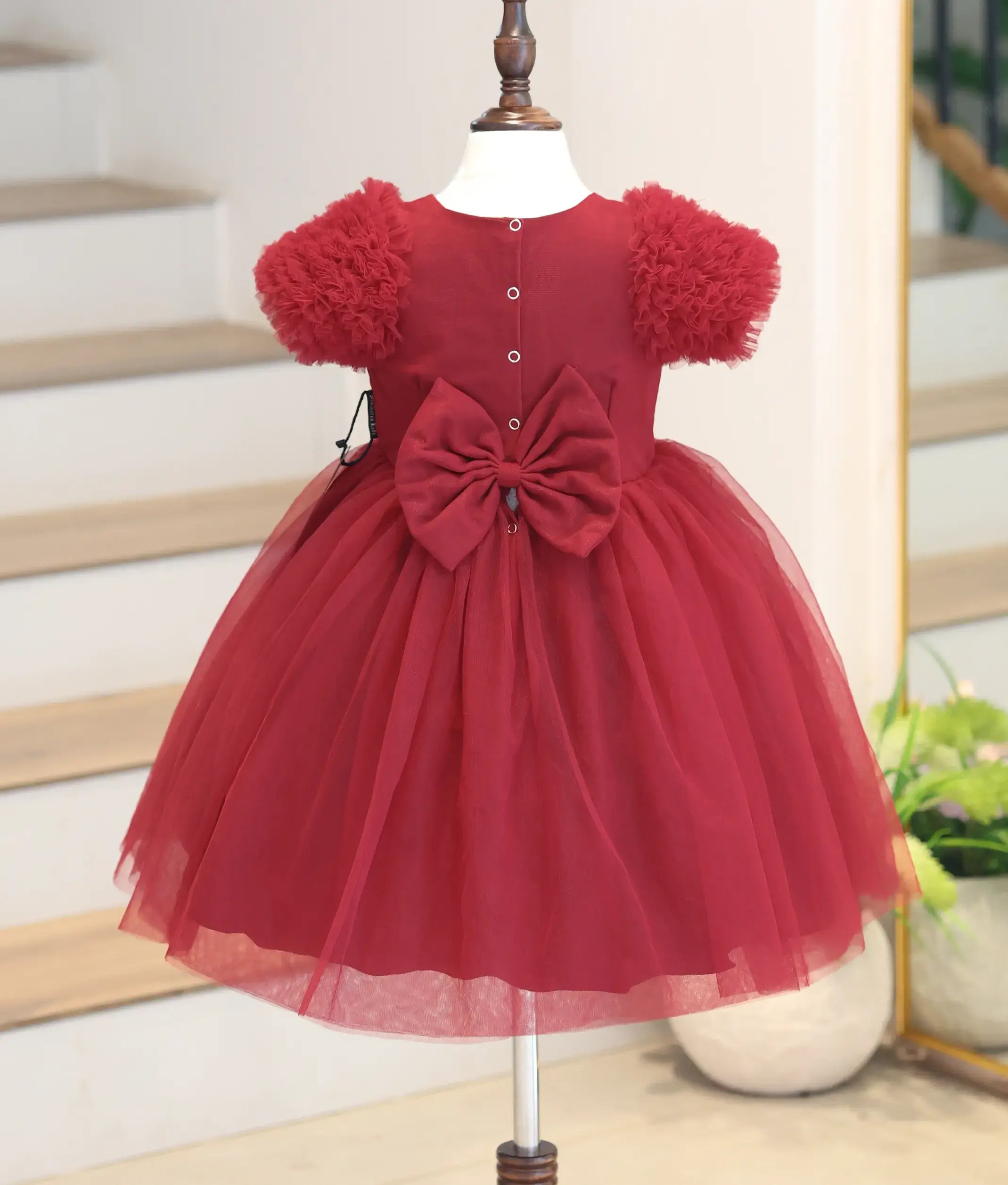 Maroon Tulle Net Handwork Birthday Frock for Baby Girl [6460]