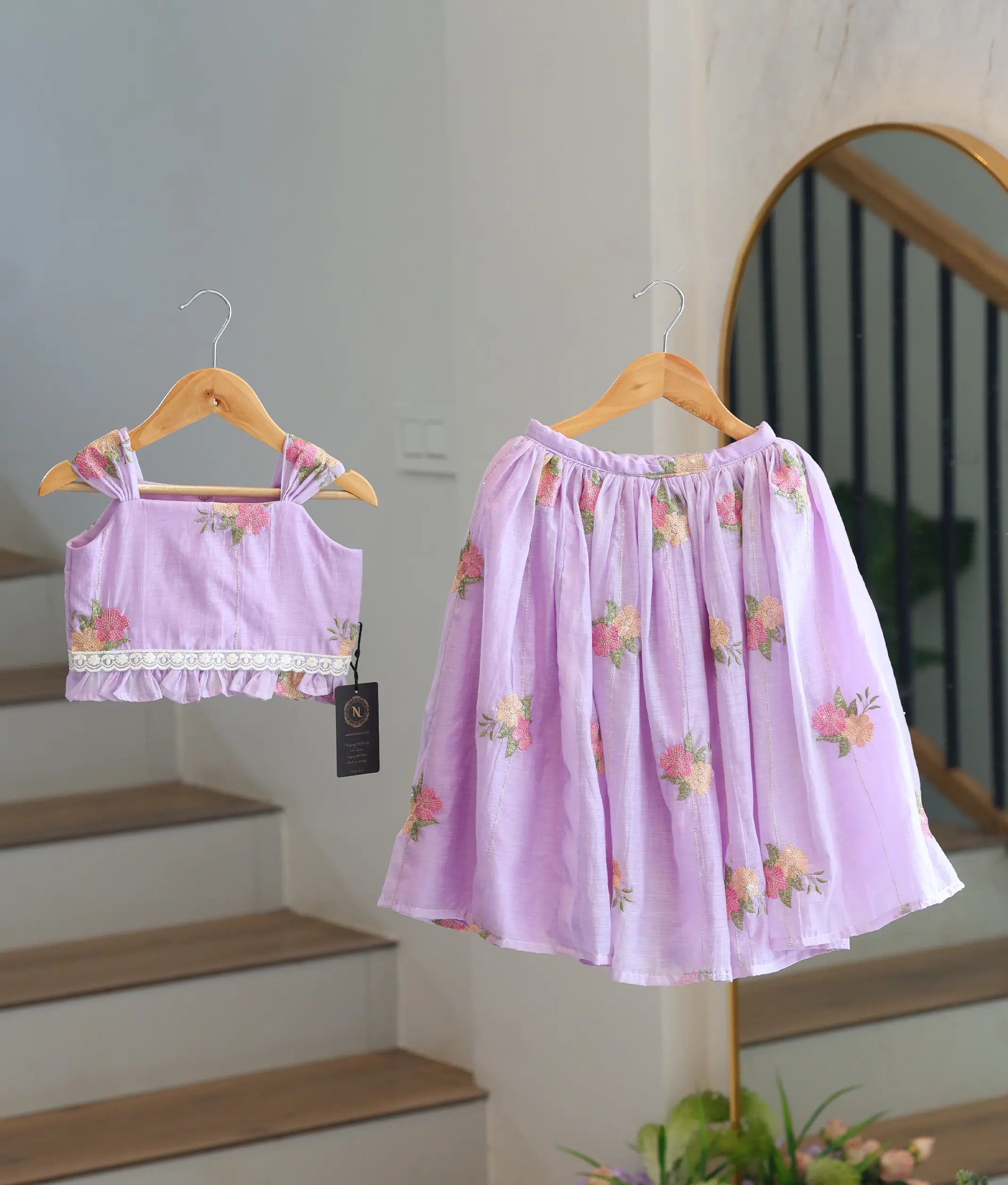 Pastel Lavender Mul Chanderi Embroidered Skirt and Top for Baby Girl [6466]