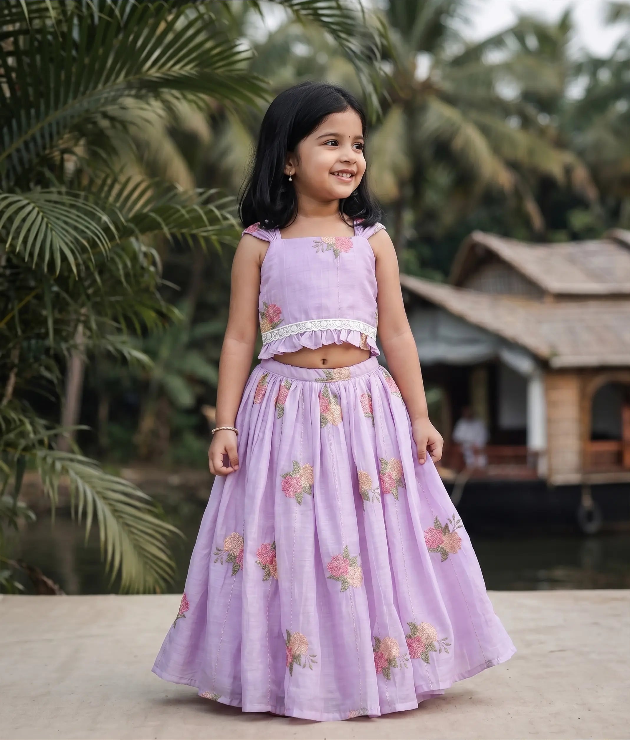 Pastel Lavender Mul Chanderi Embroidered Skirt and Top for Baby Girl [6466]