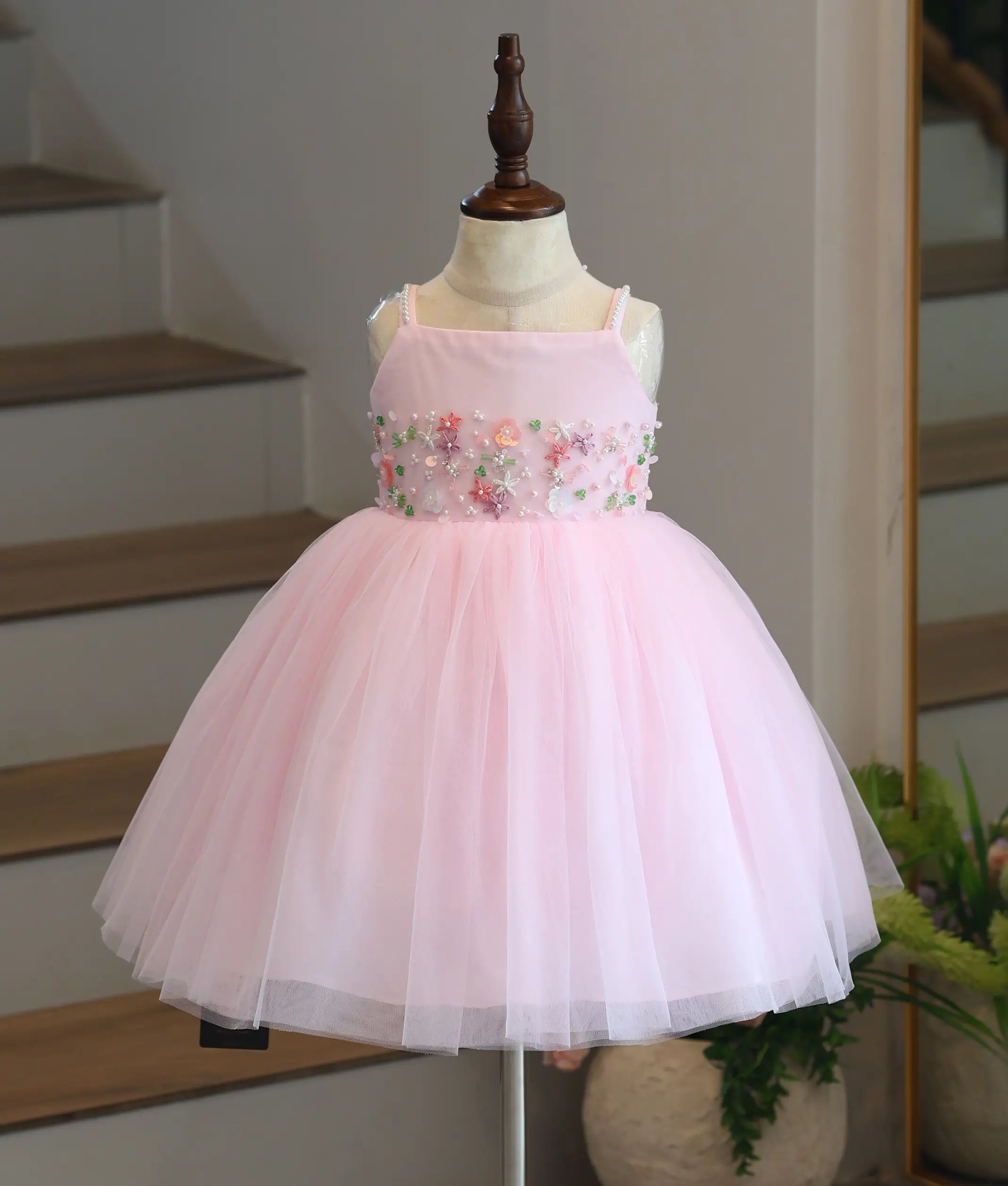 Baby Pink Tulle Net Handwork Birthday Frock for Baby Girl [6467]