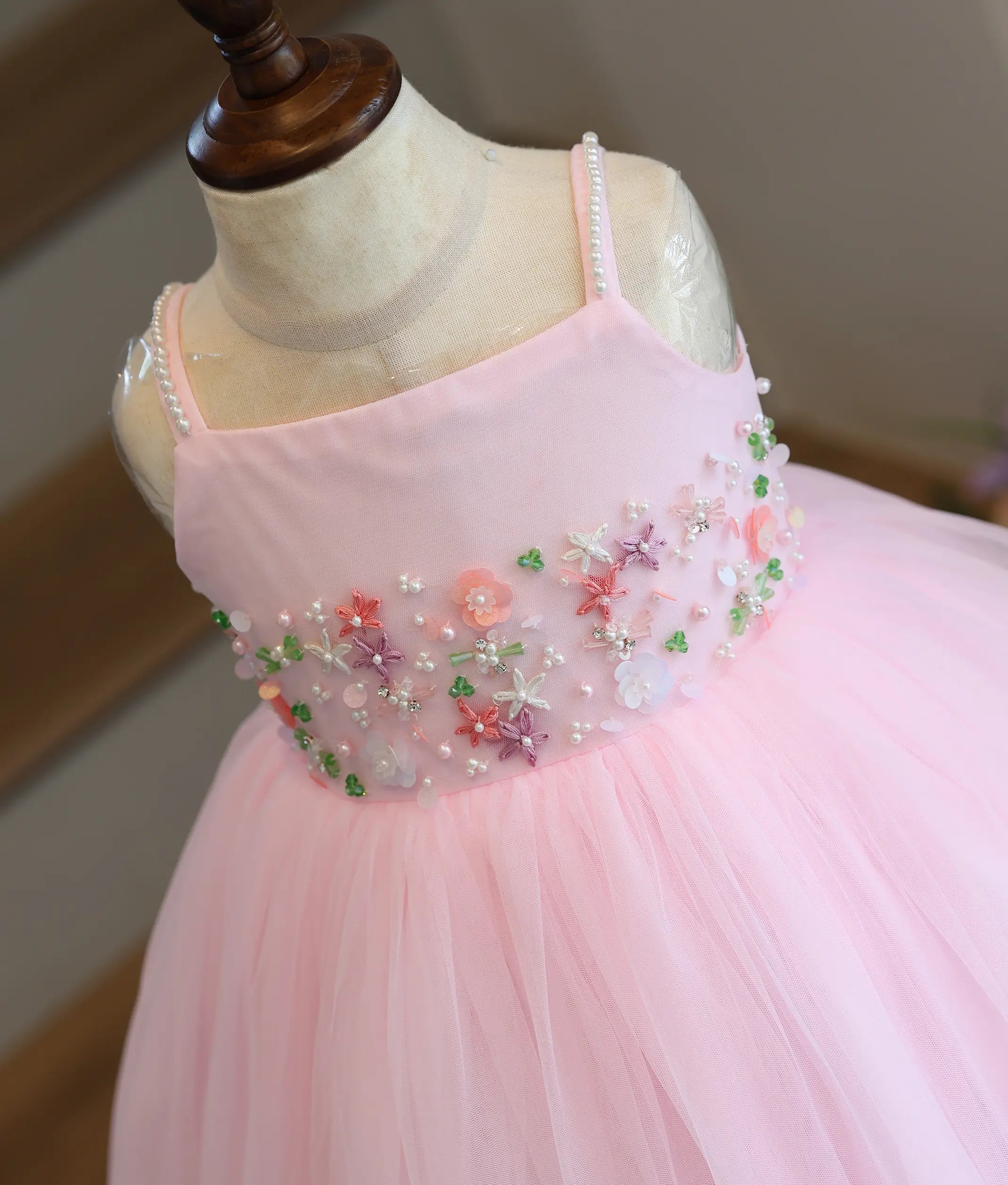Baby Pink Tulle Net Handwork Birthday Frock for Baby Girl [6467]