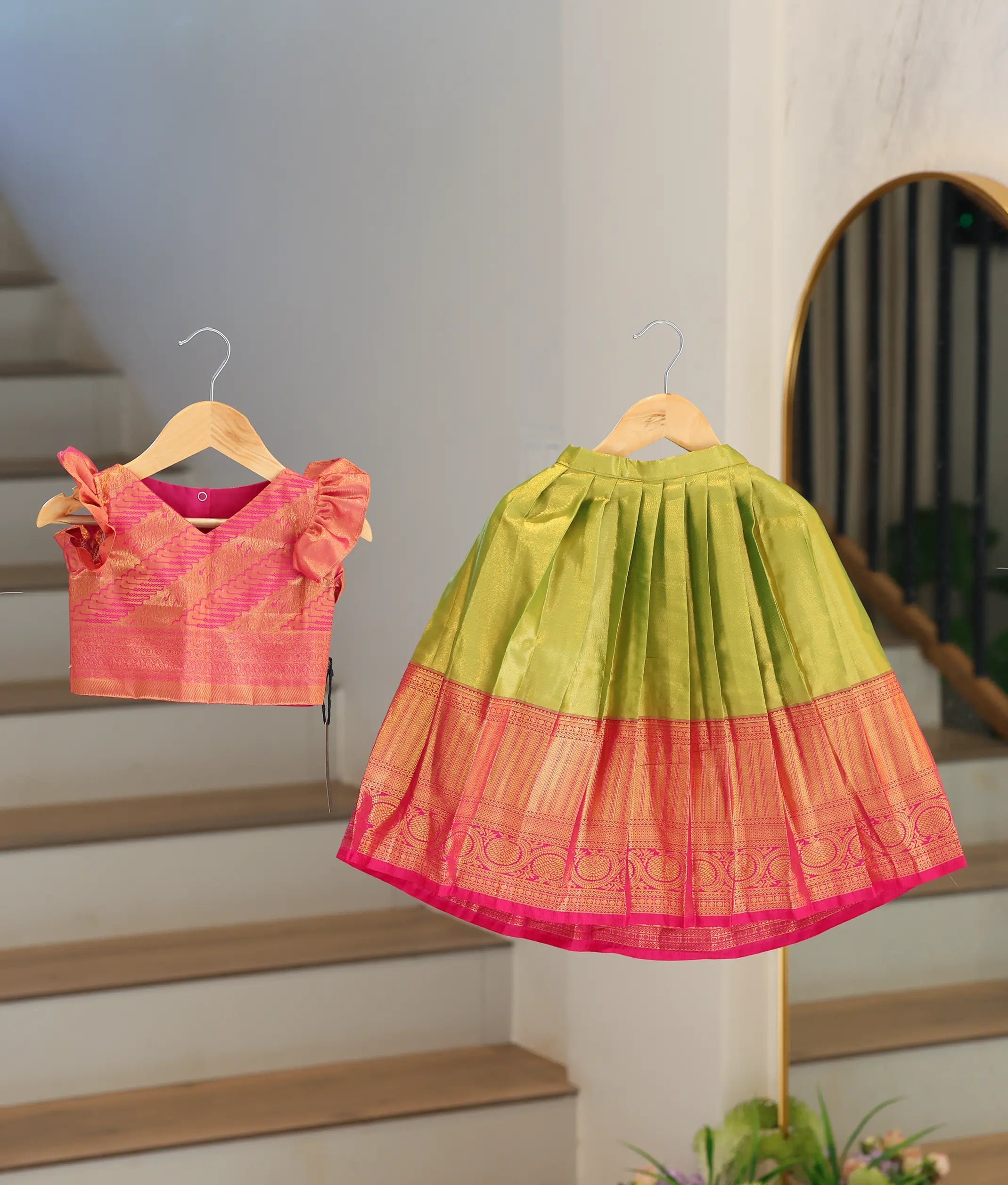Pink and Mustard Green Kanchipuram Silk Skirt and Top for Baby Girl [6468]