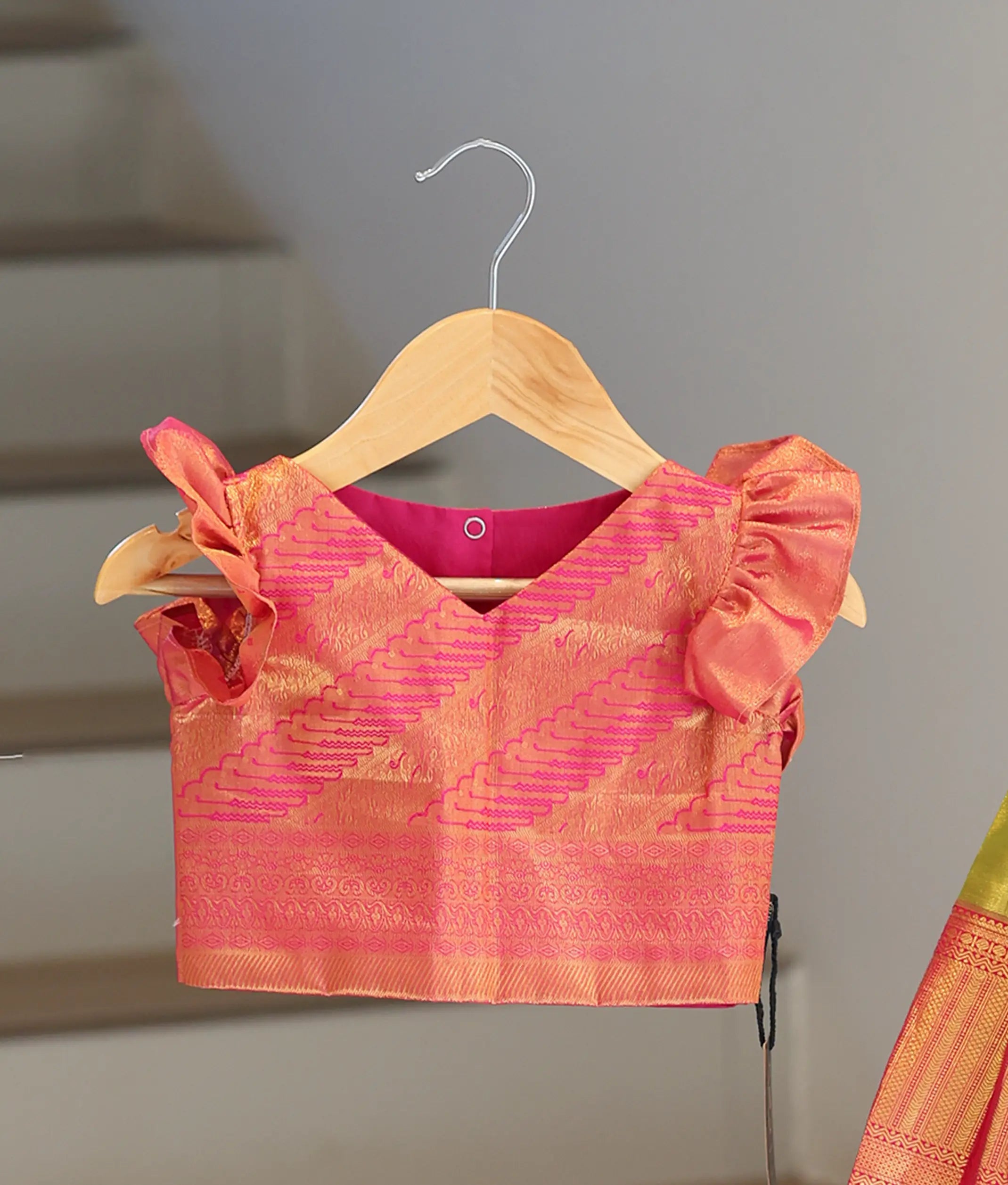 Pink and Mustard Green Kanchipuram Silk Skirt and Top for Baby Girl [6468]