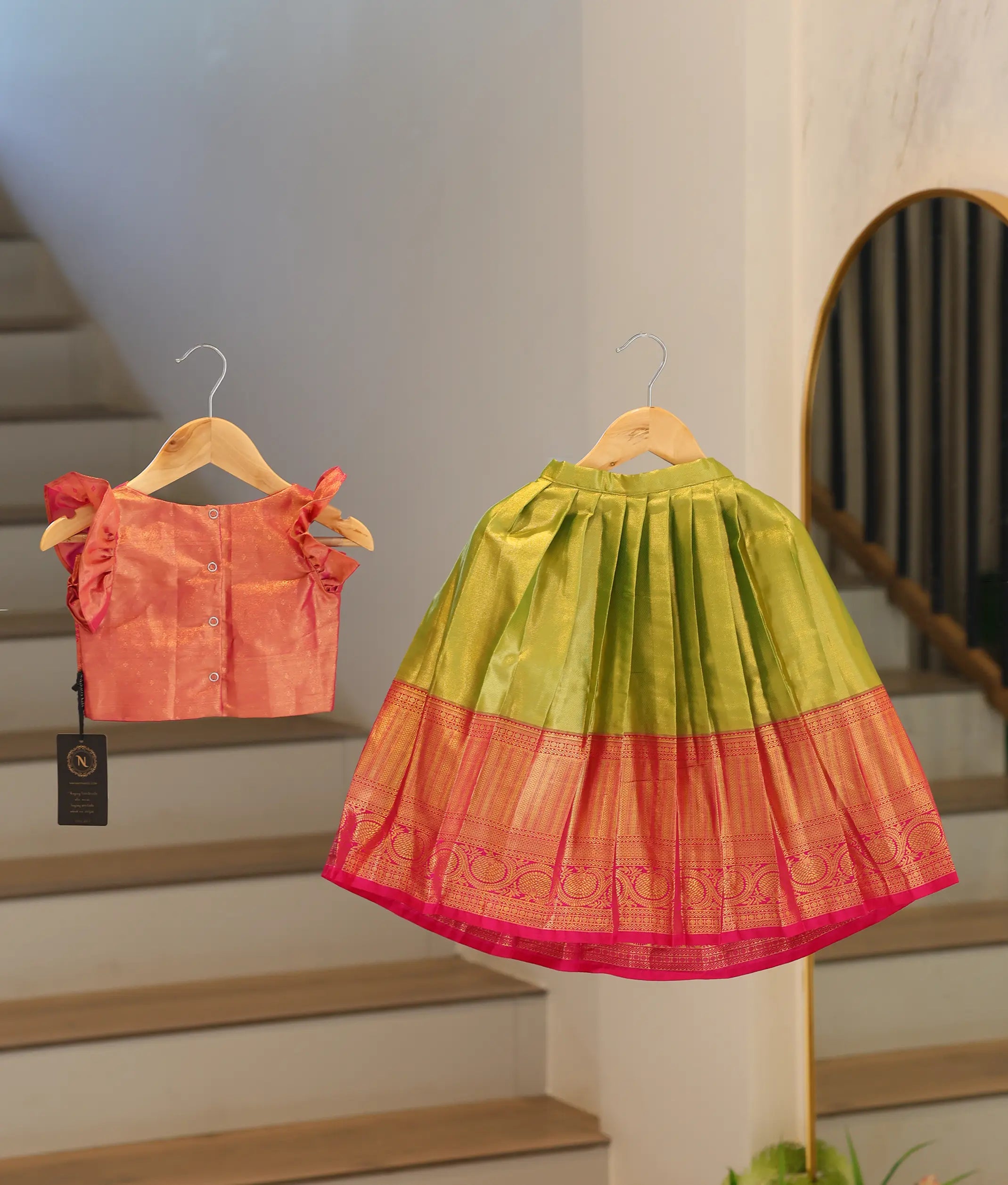Pink and Mustard Green Kanchipuram Silk Skirt and Top for Baby Girl [6468]