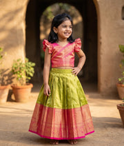 Pink and Mustard Green Kanchipuram Silk Skirt and Top for Baby Girl [6468]