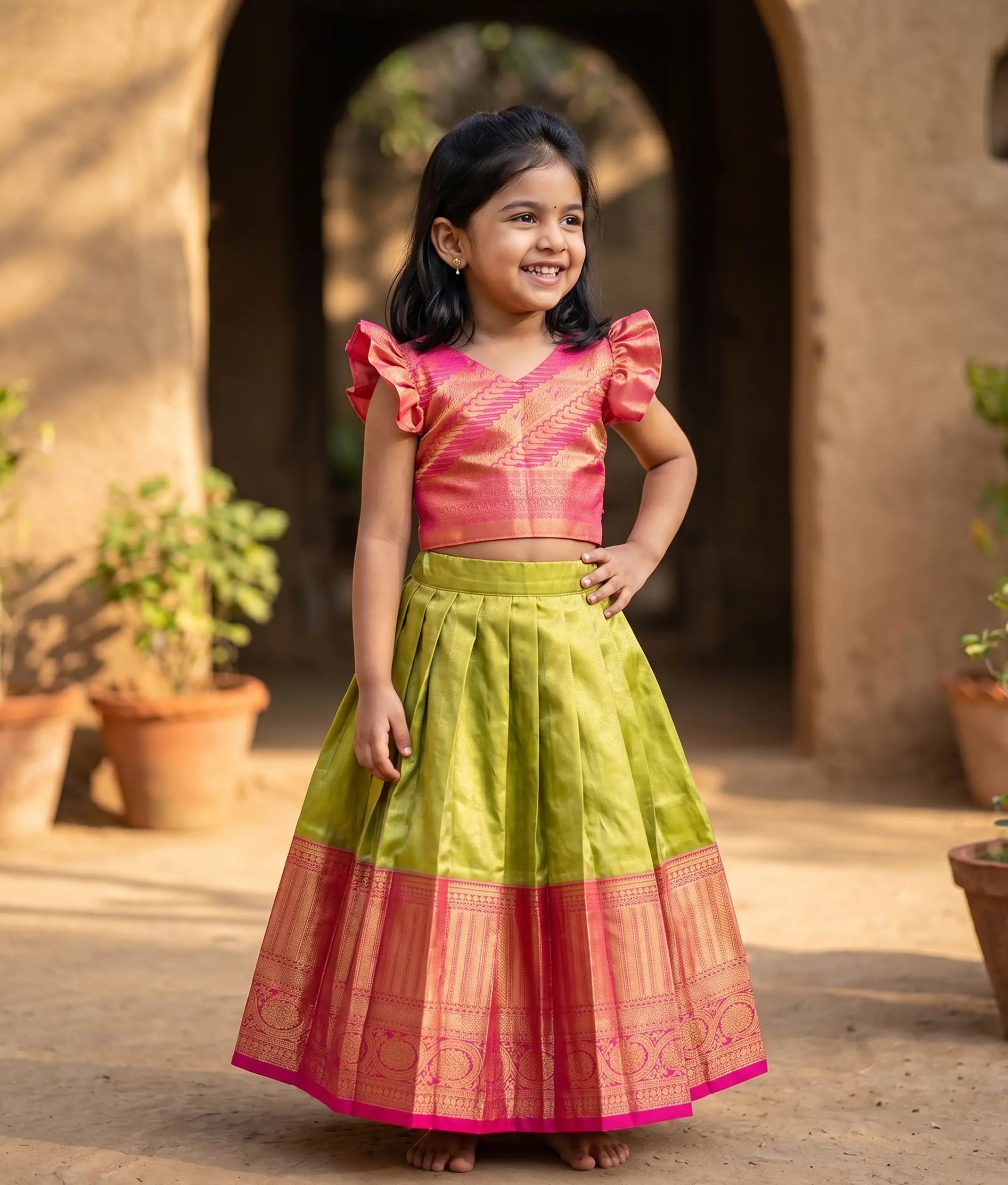 Pink and Mustard Green Kanchipuram Silk Skirt and Top for Baby Girl [6468]