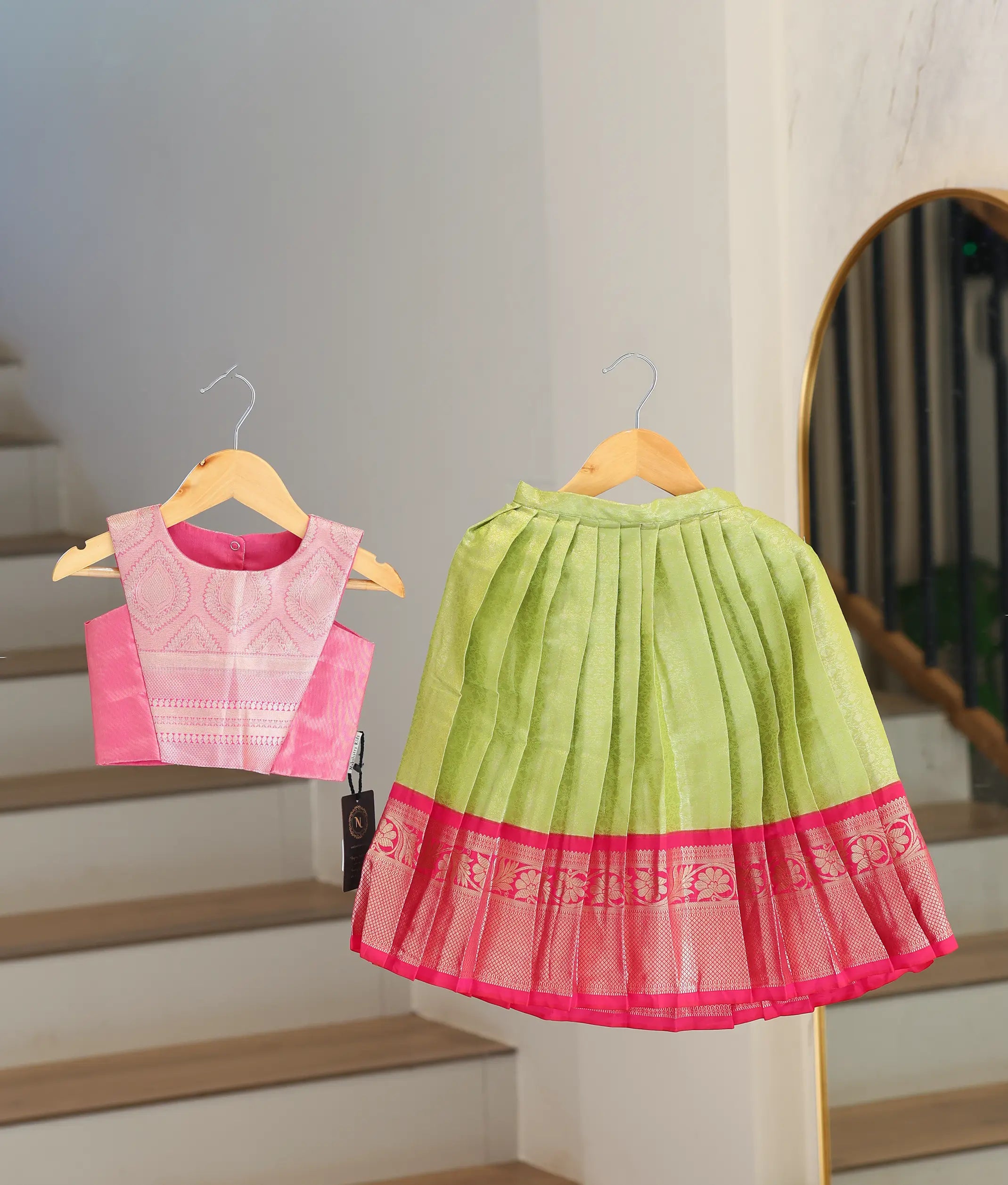 Rani Pink And Pista Green Kanchipuram Silk Skirt And Top for Baby Girl [6470]