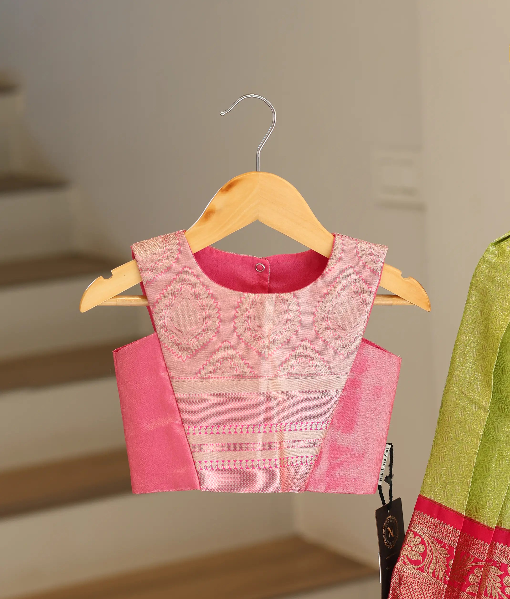 Rani Pink And Pista Green Kanchipuram Silk Skirt And Top for Baby Girl [6470]