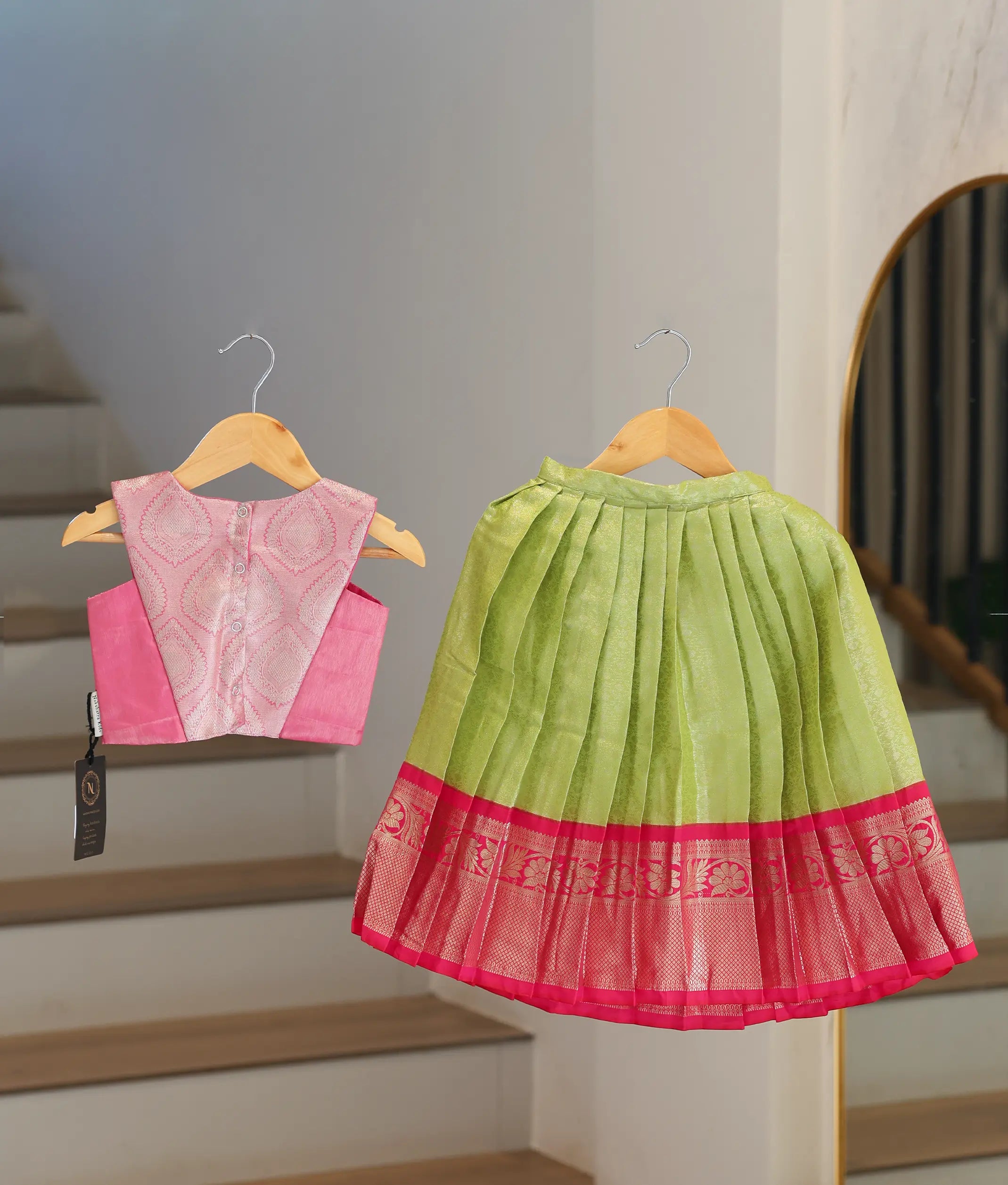 Rani Pink And Pista Green Kanchipuram Silk Skirt And Top for Baby Girl [6470]