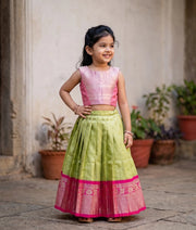 Rani Pink And Pista Green Kanchipuram Silk Skirt And Top for Baby Girl [6470]