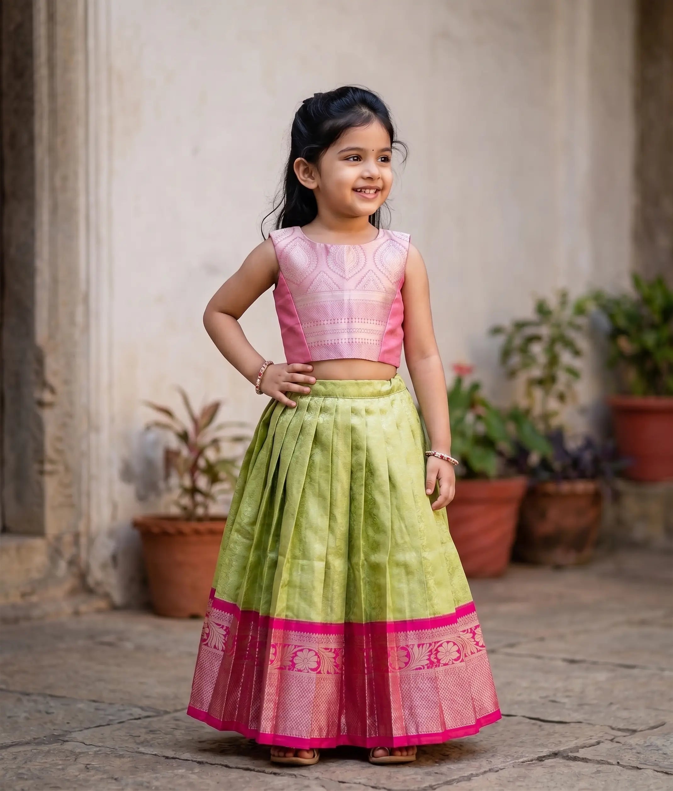 Rani Pink And Pista Green Kanchipuram Silk Skirt And Top for Baby Girl [6470]