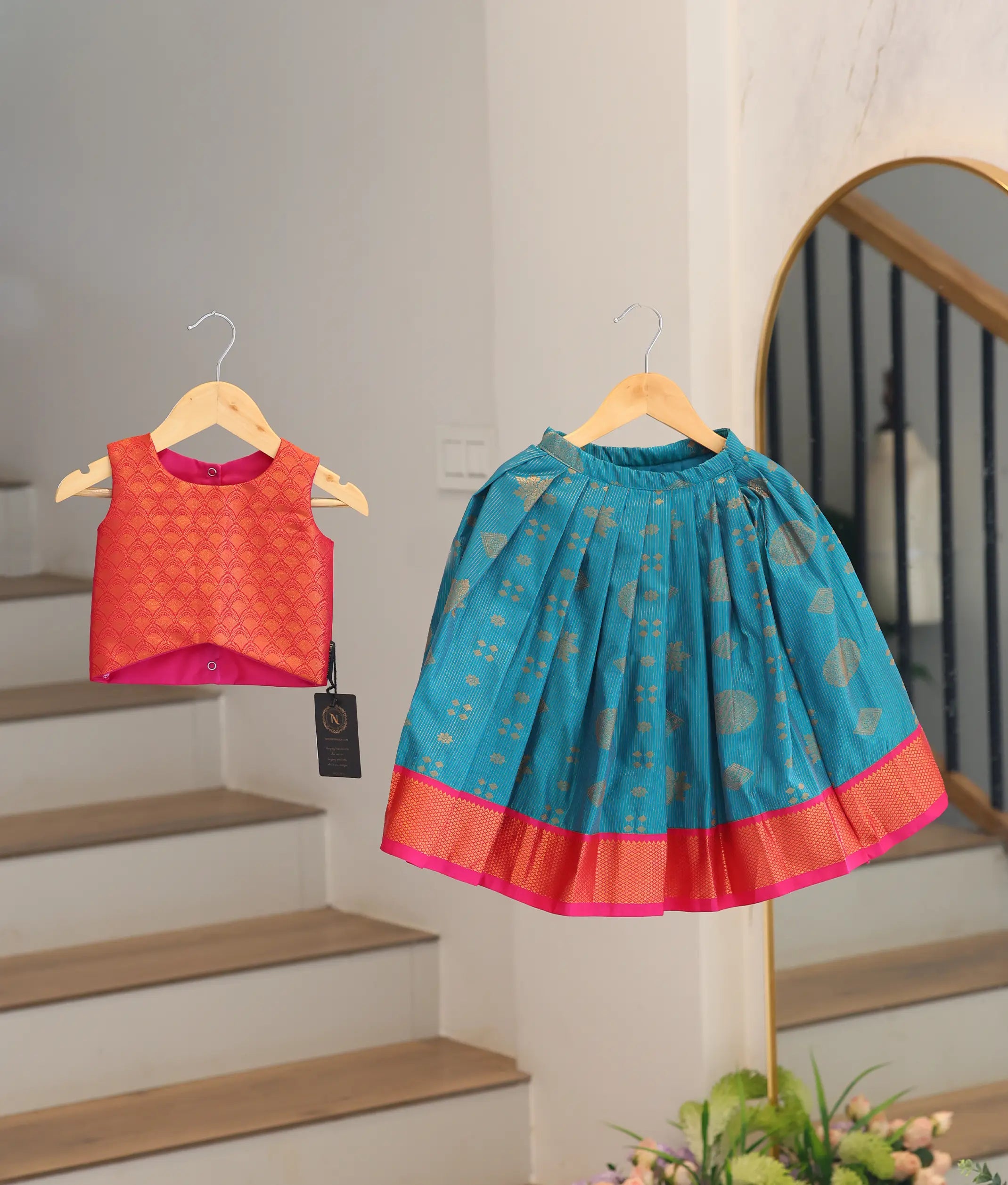 Red and Peacock Blue Kanchipuram Silk Skirt and Top for Baby Girl [6471]