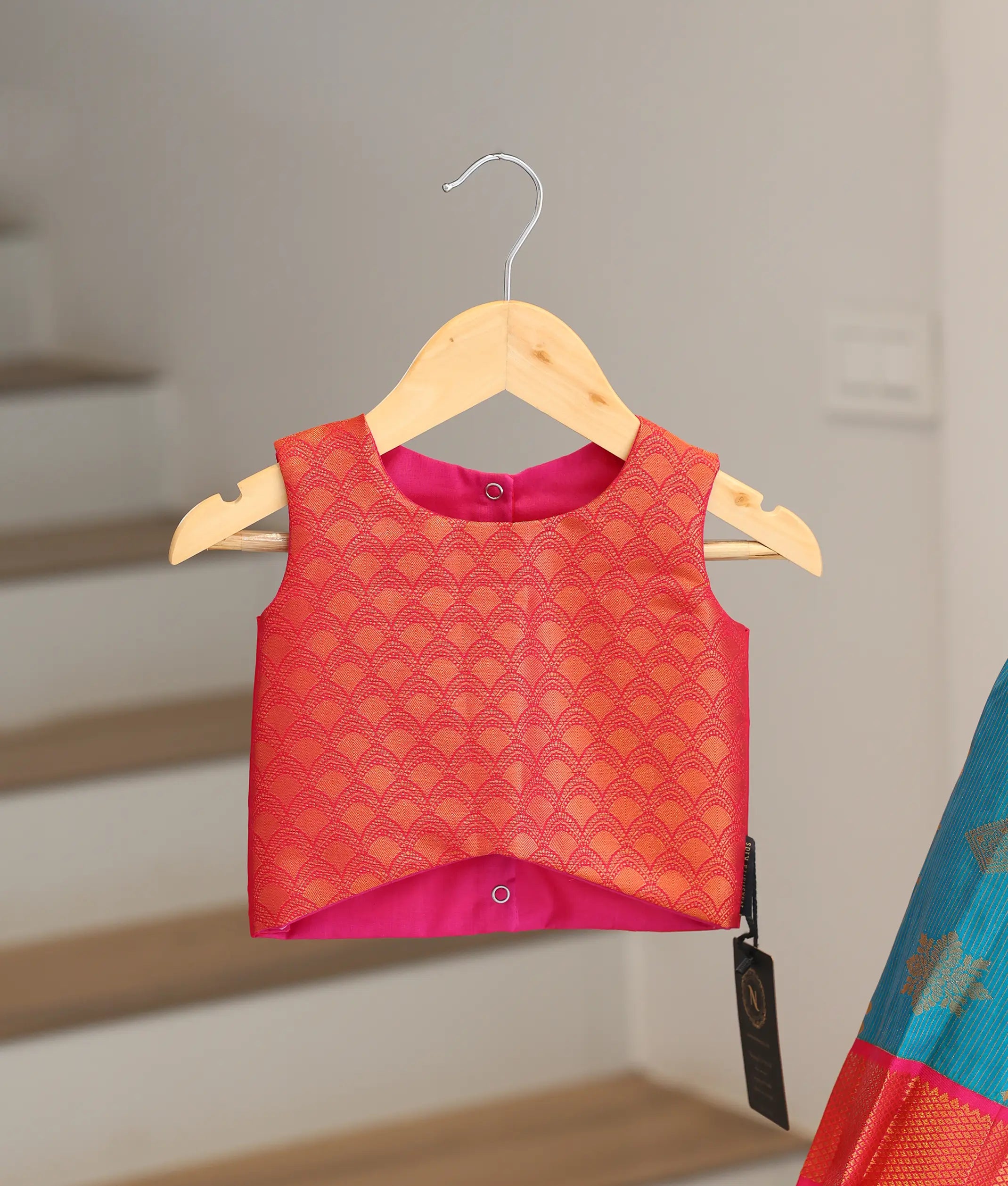 Red and Peacock Blue Kanchipuram Silk Skirt and Top for Baby Girl [6471]