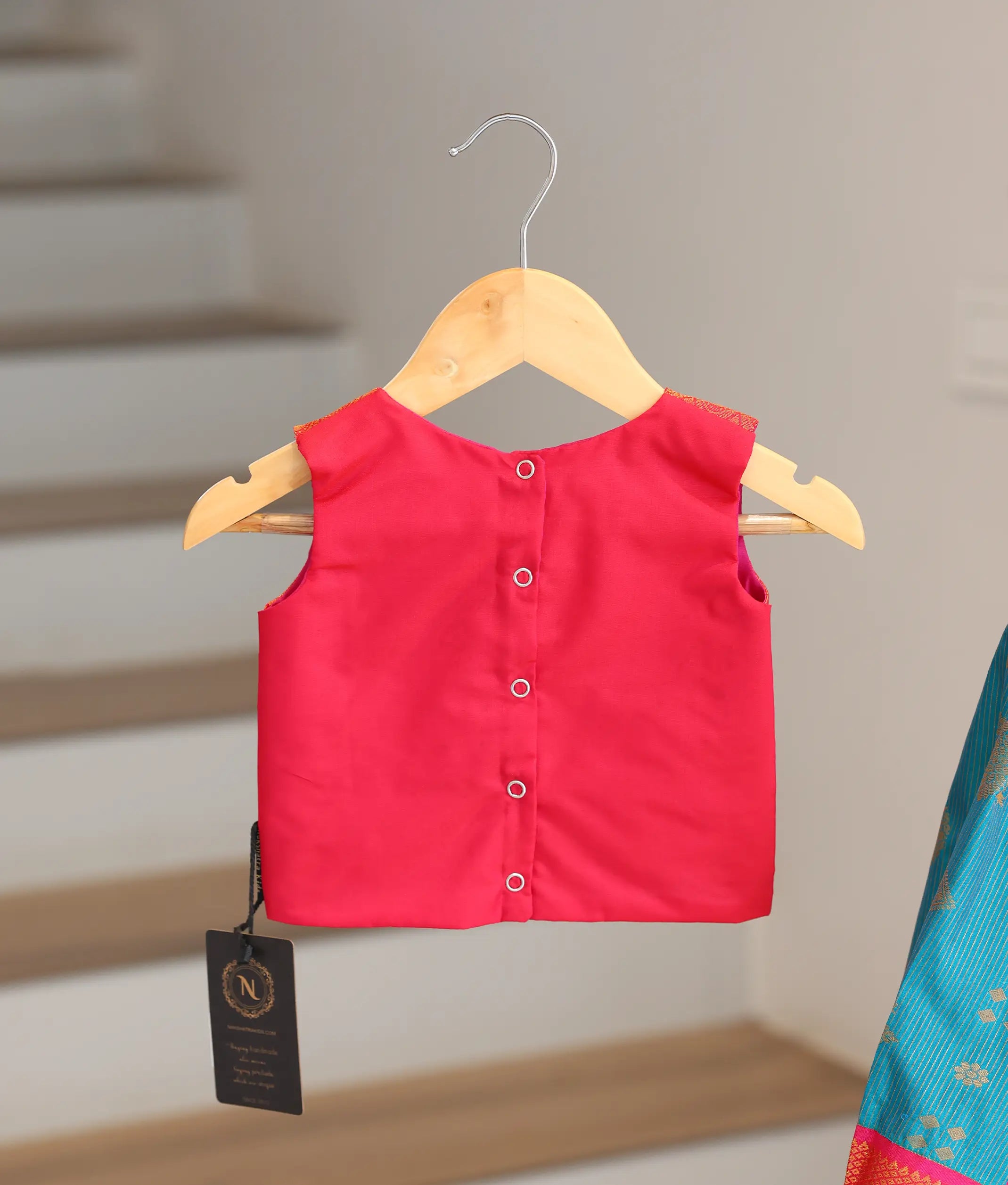Red and Peacock Blue Kanchipuram Silk Skirt and Top for Baby Girl [6471]