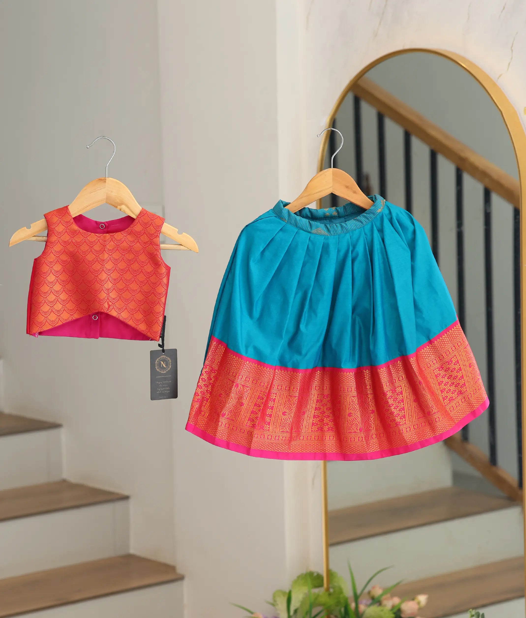 Red and Peacock Blue Kanchipuram Silk Skirt and Top for Baby Girl [6471A]