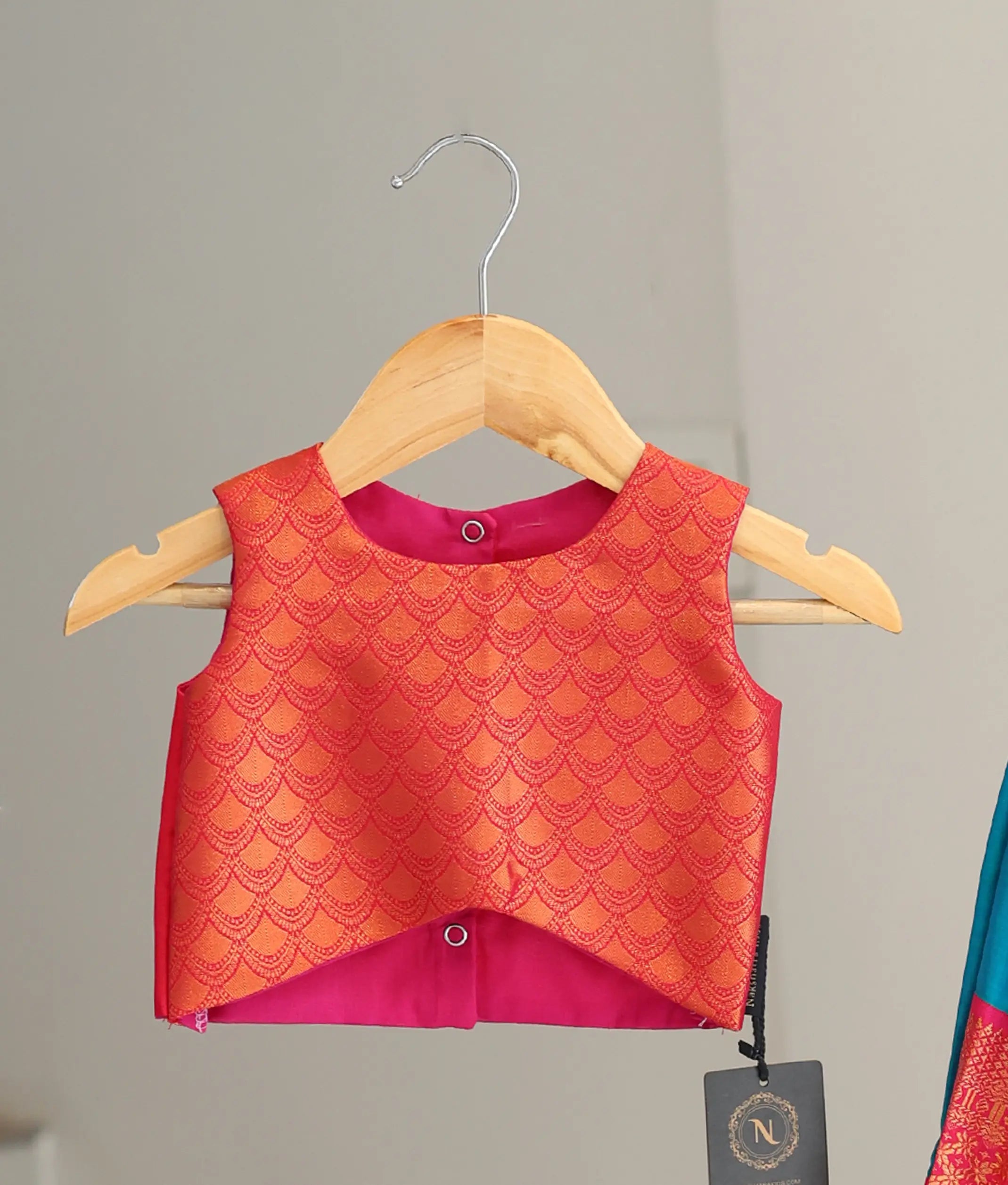 Red and Peacock Blue Kanchipuram Silk Skirt and Top for Baby Girl [6471A]