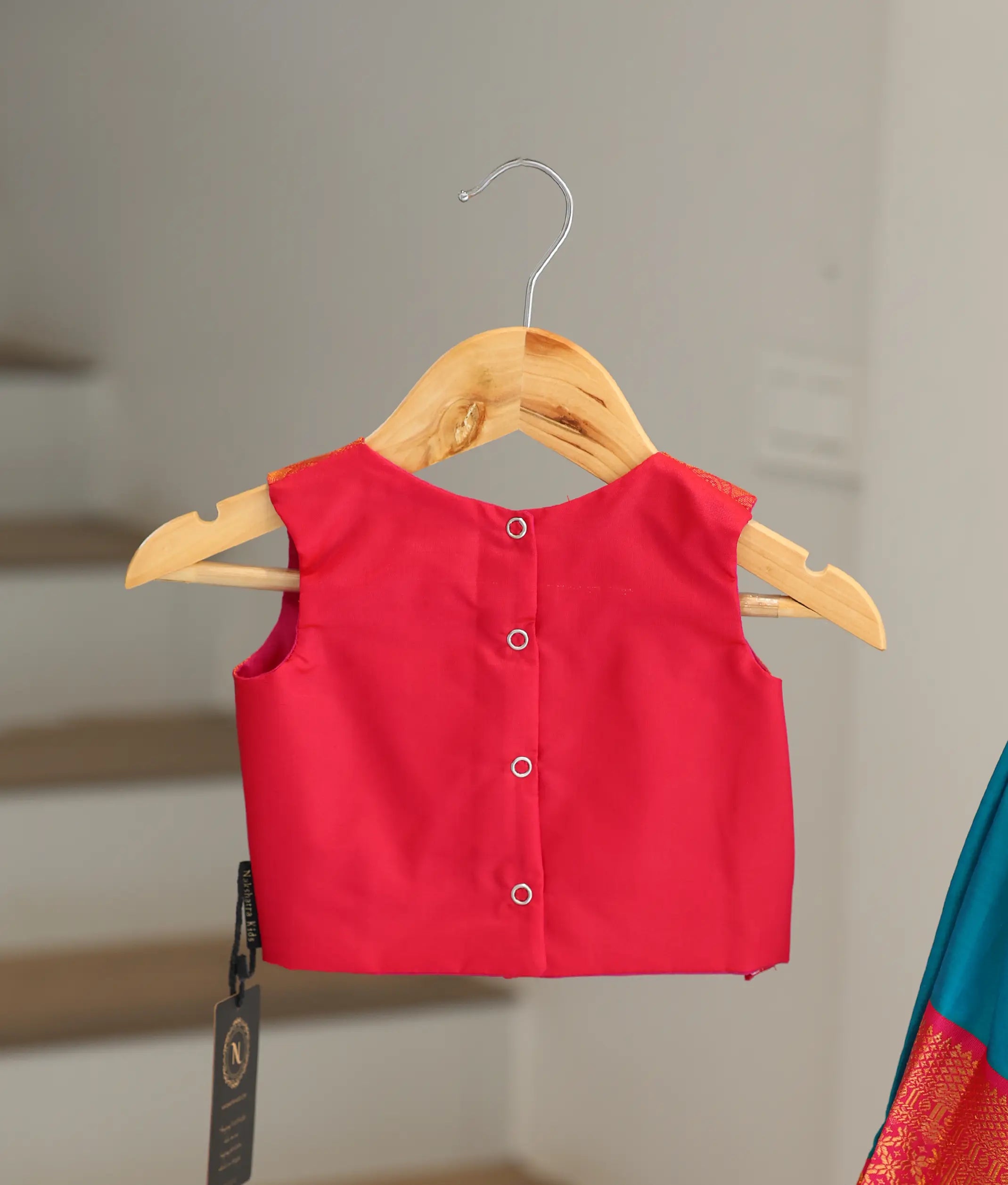 Red and Peacock Blue Kanchipuram Silk Skirt and Top for Baby Girl [6471A]