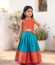 Red and Peacock Blue Kanchipuram Silk Skirt and Top for Baby Girl [6471A]