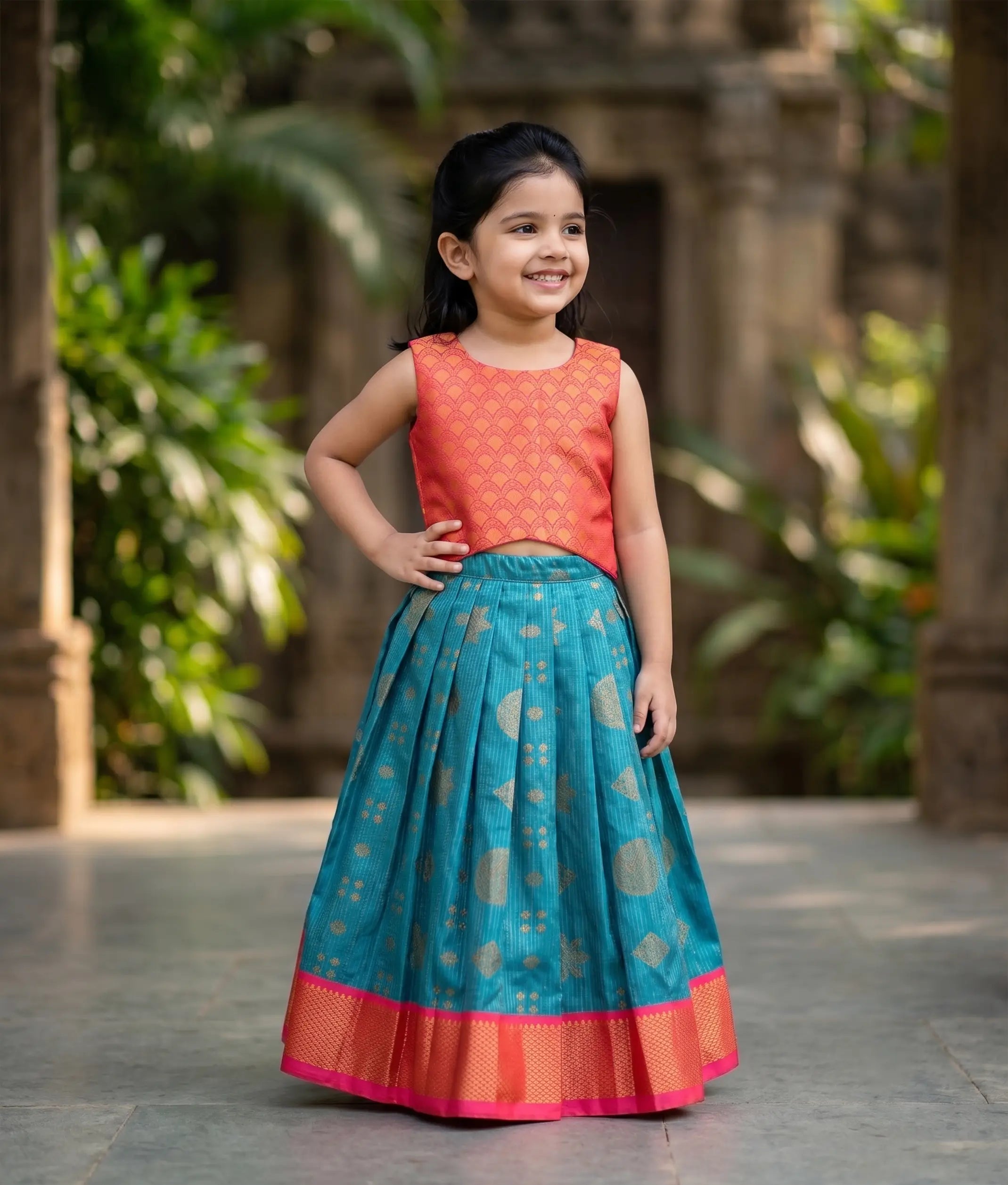 Red and Peacock Blue Kanchipuram Silk Skirt and Top for Baby Girl [6471]